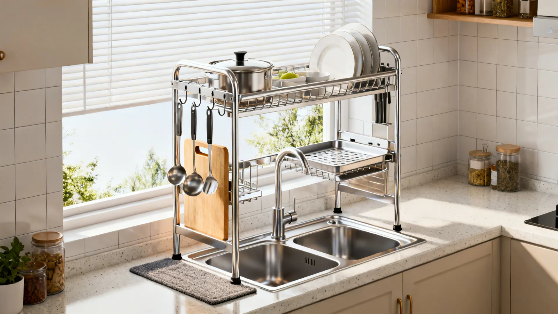 Two-tier stainless over-sink rack with side hooks and a cutting-board slot.