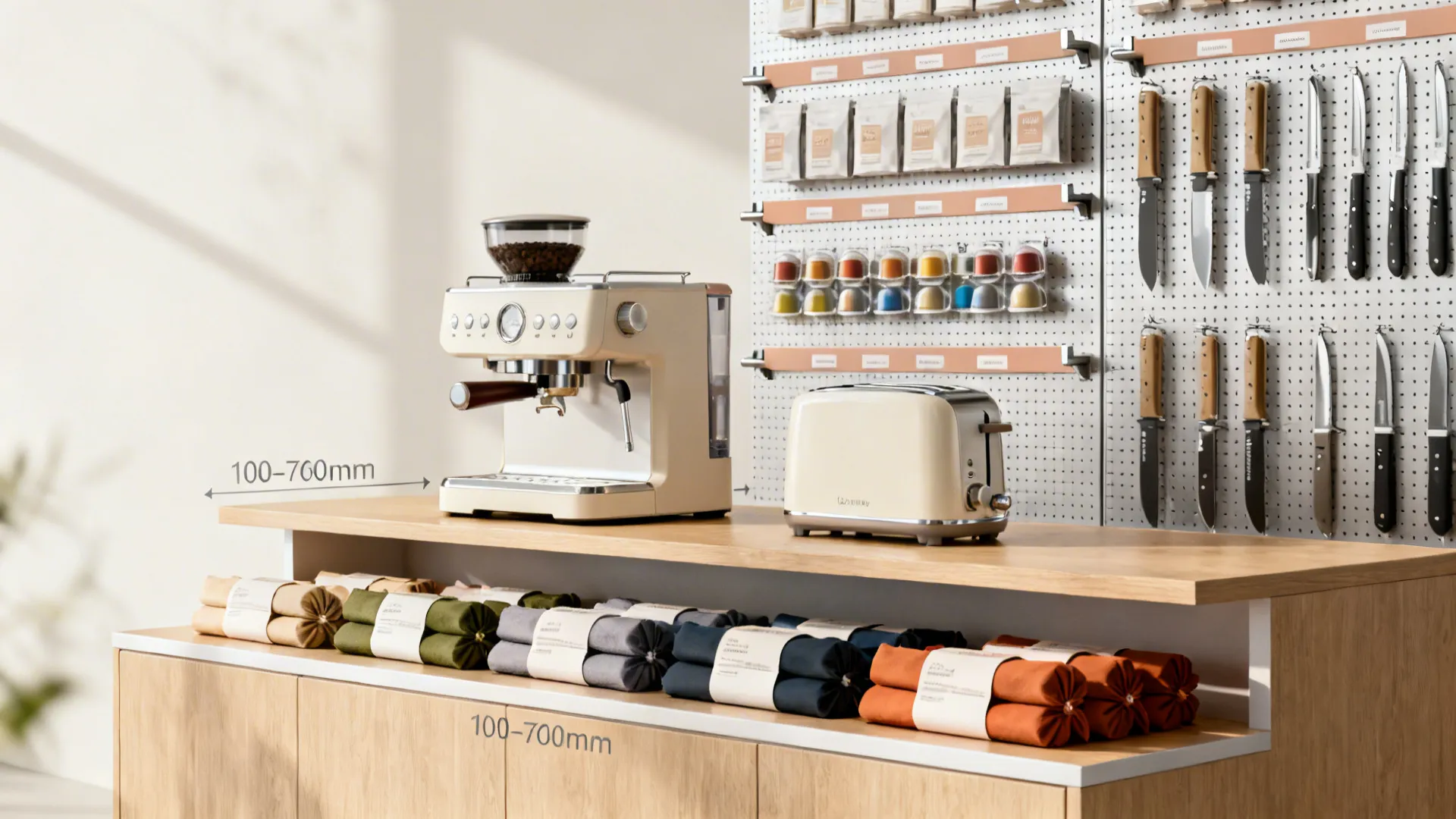 Two-tier counter with appliances and a refined pegboard of accessories behind.