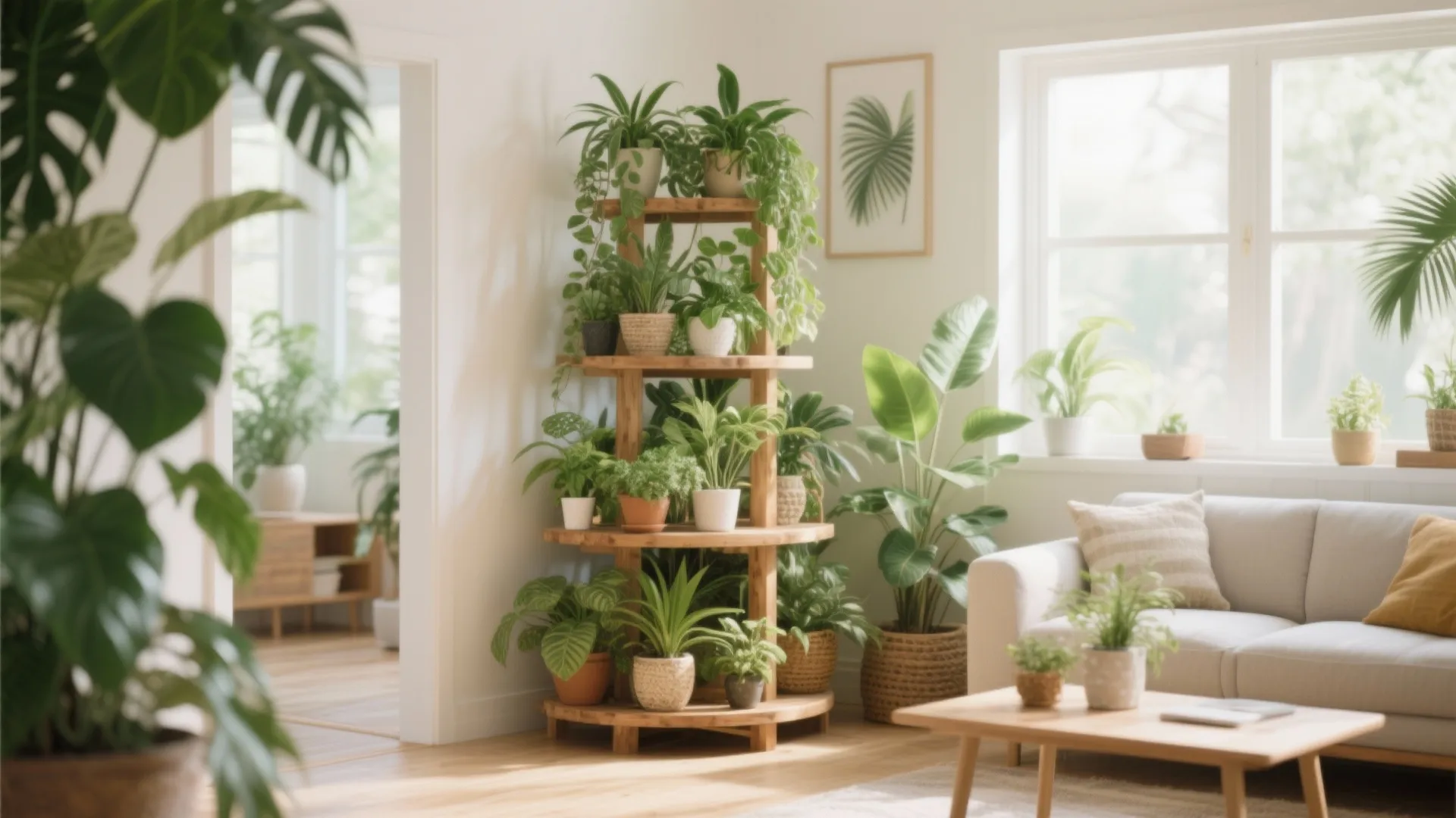 Wooden tiered plant stand in a bright living room corner filled with greenery