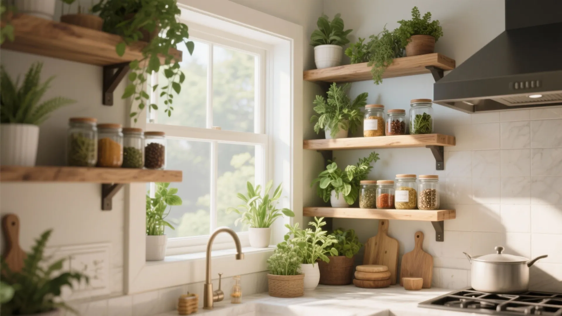 Bright kitchen corner with wooden wall shelves holding green potted plants and glass spice jars