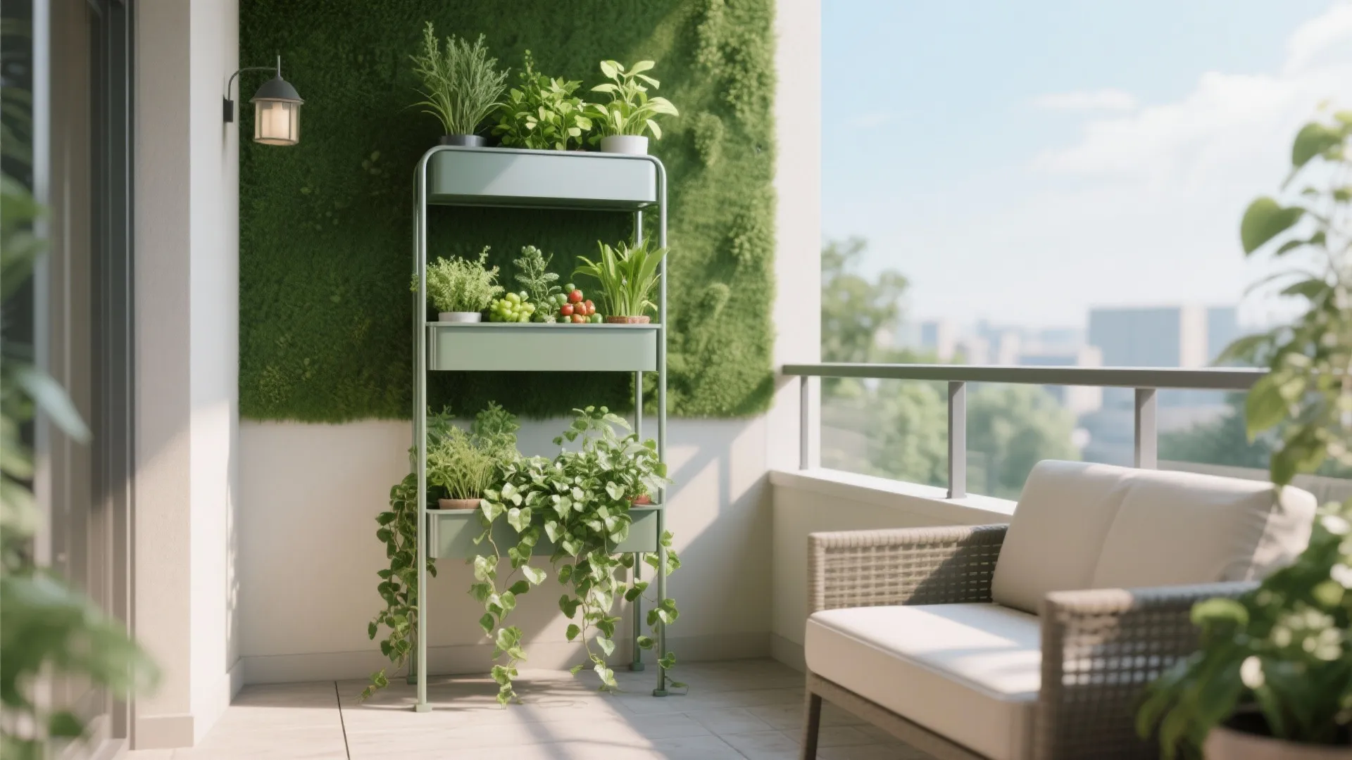 Freestanding three-tier metal plant stand with herbs and trailing ivy in a balcony corner.