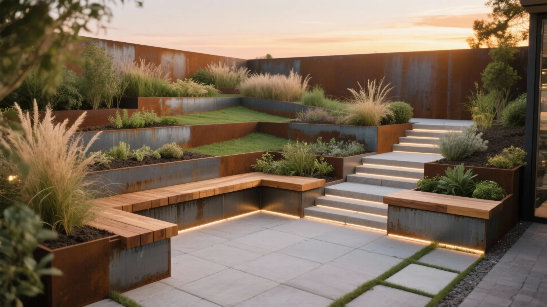 4) Tiered Steel Planters that Retain and Seat