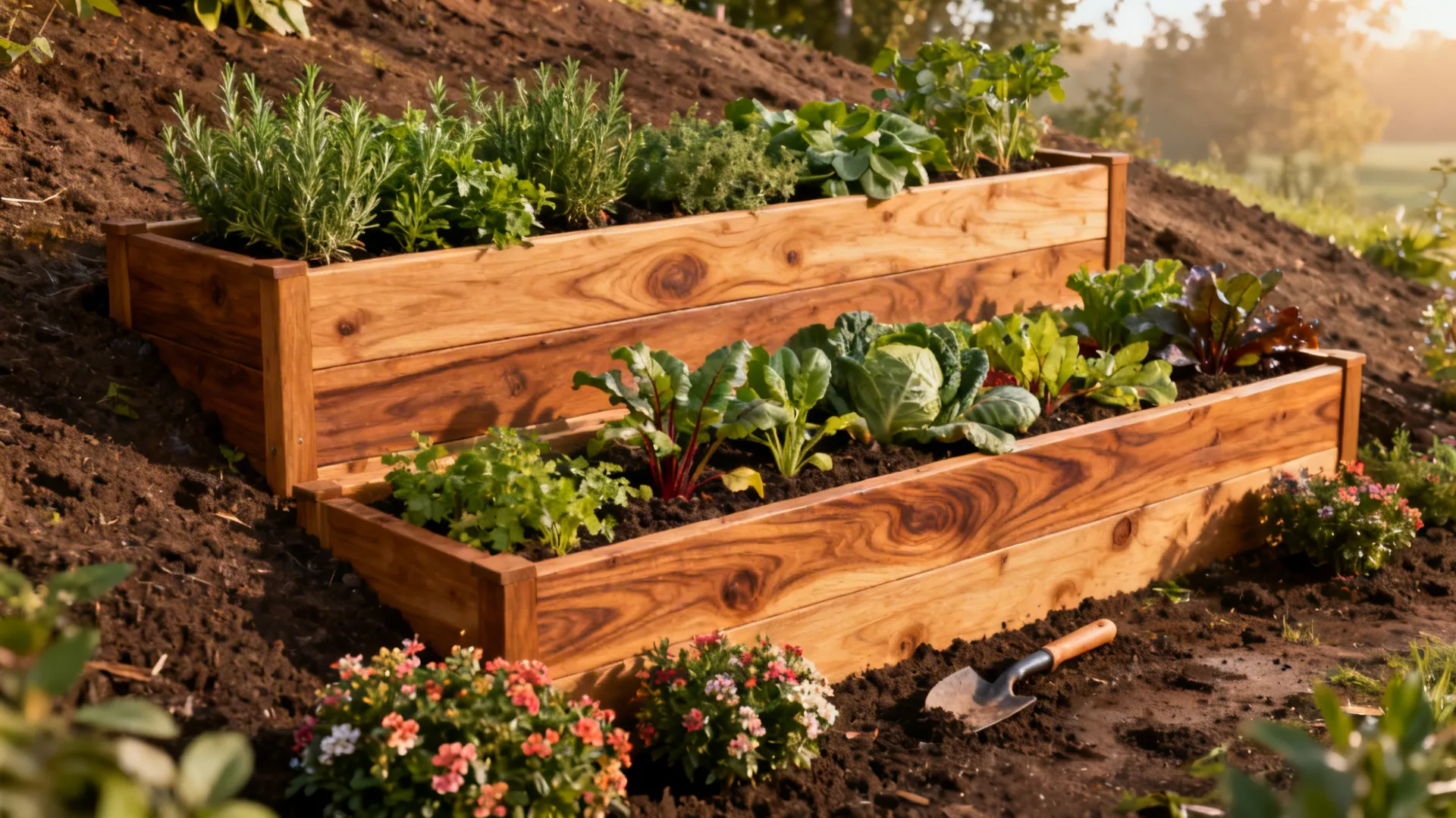 Three-level cedar planter boxes on a small slope planted with herbs, vegetables, and shrubs