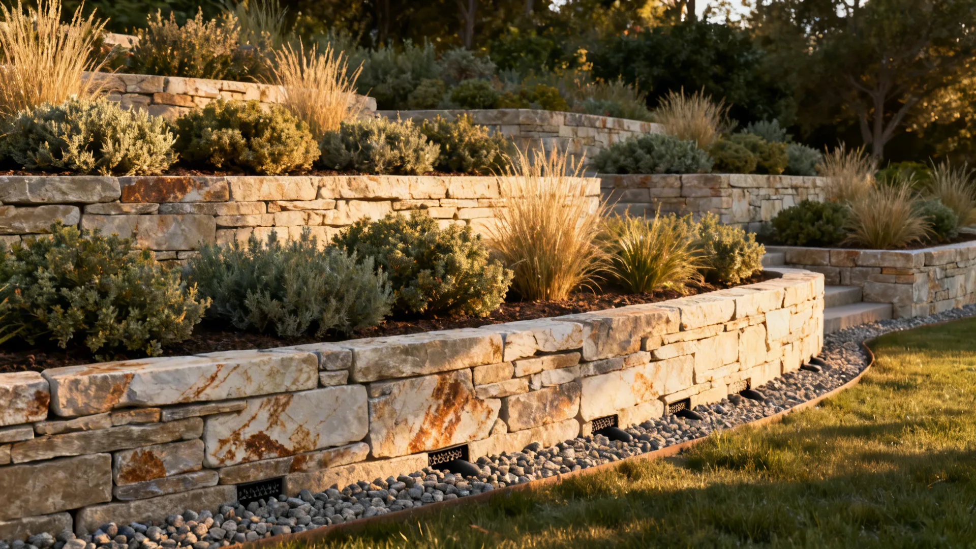 Tiered stone garden walls featuring various green plants and small outdoor lights along a gravel path