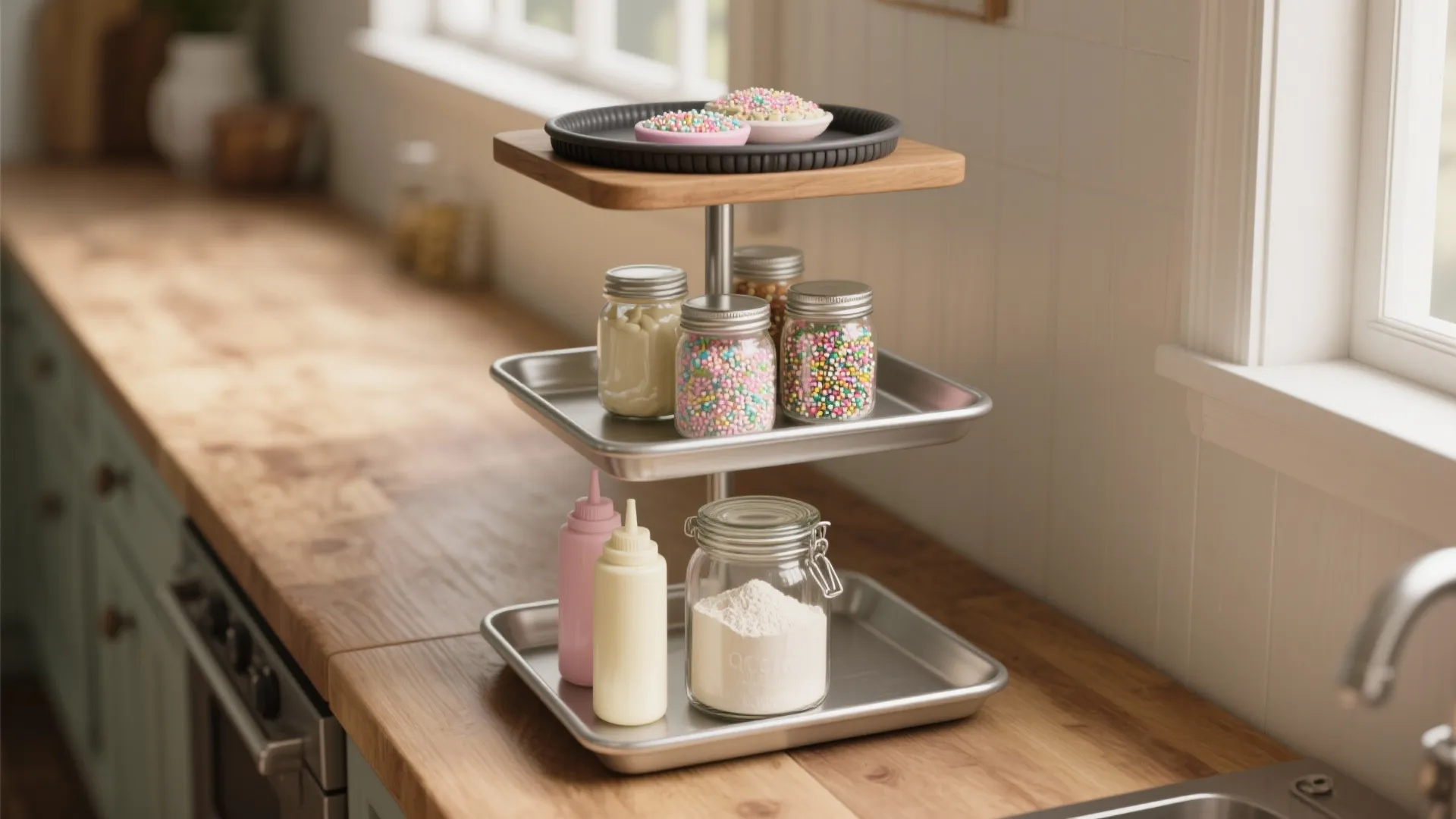 Three-tiered metal kitchen stand holding glass jars of sprinkles and baking ingredients on wood counter