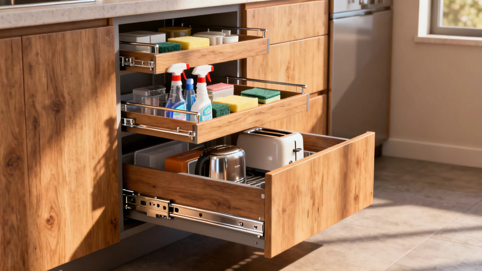 Tiered pull-out drawers inside a kitchen cabinet holding cleaning supplies and small appliances.