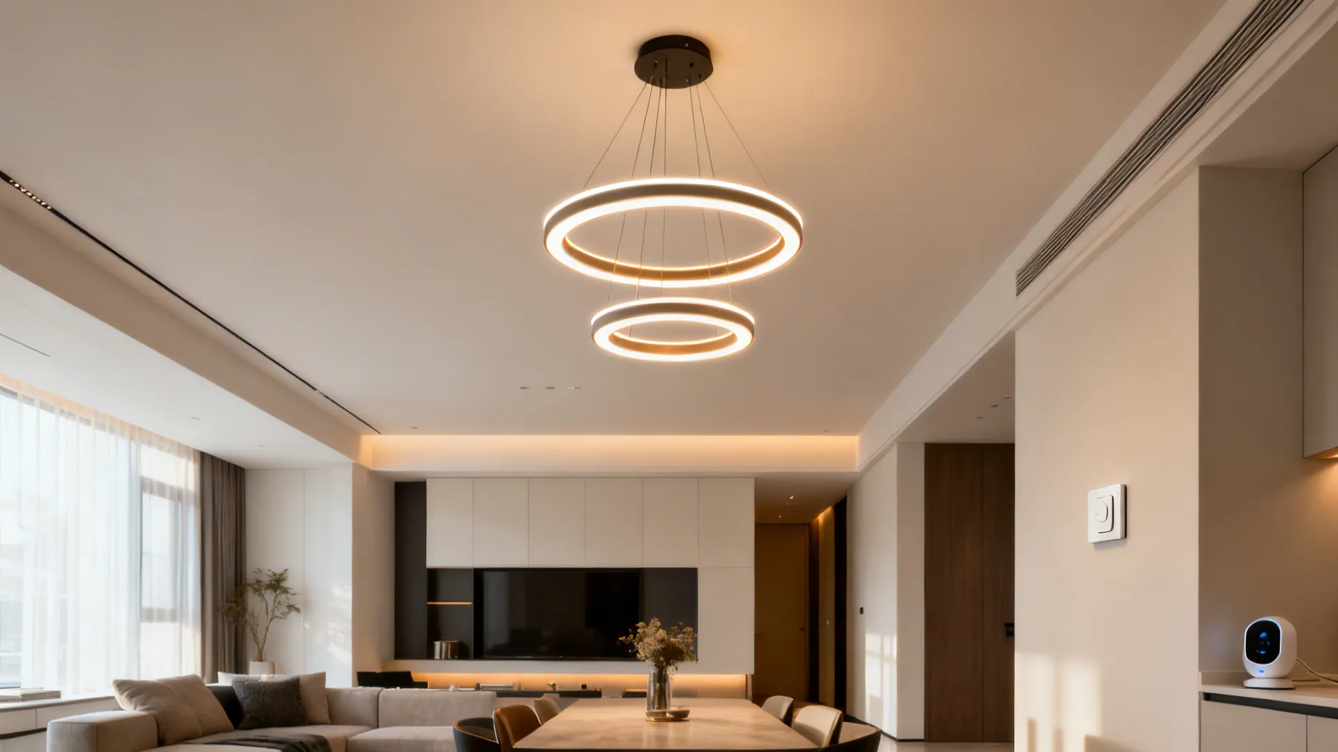 Three-tier ring jhoomar with tunable white LEDs in an open-plan living-dining room.