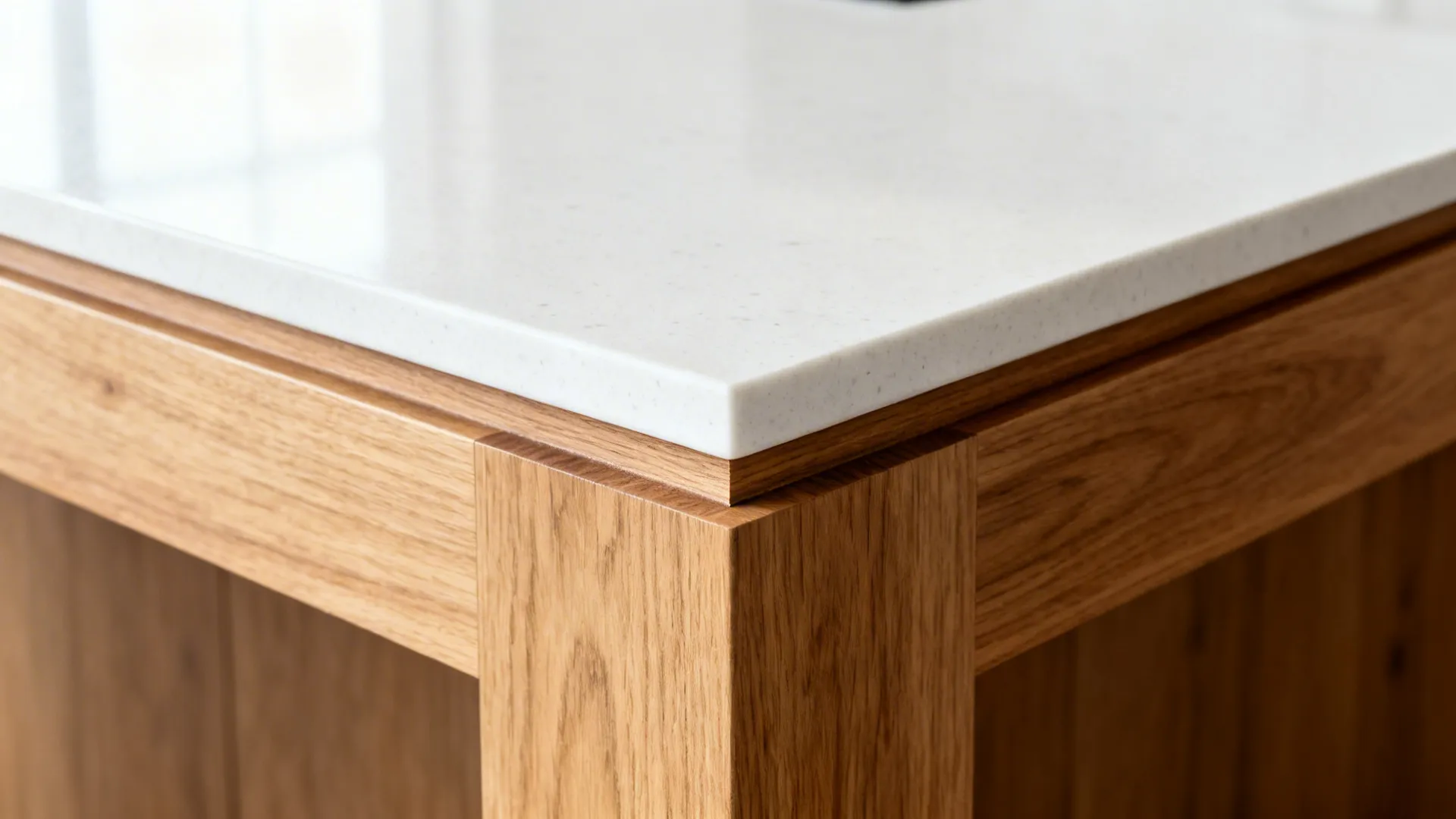Close-up of the precise seam where white quartz meets a lower wood wing on a T-shaped island.