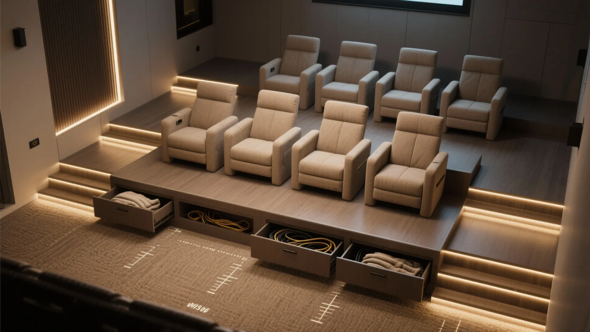 Home theater room with two rows of beige chairs on wooden platform with storage drawers below