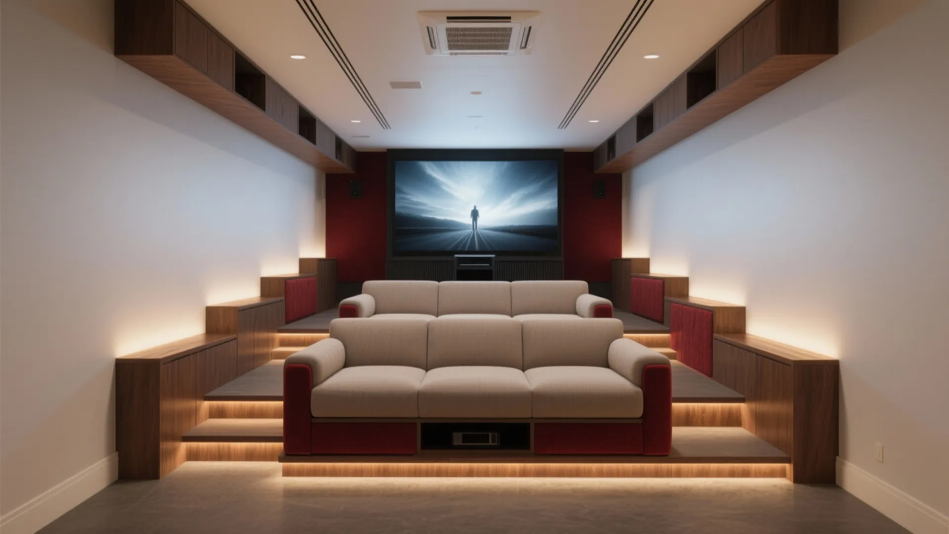 Modern home theater room featuring tiered seating with beige sofas and warm recessed step lighting