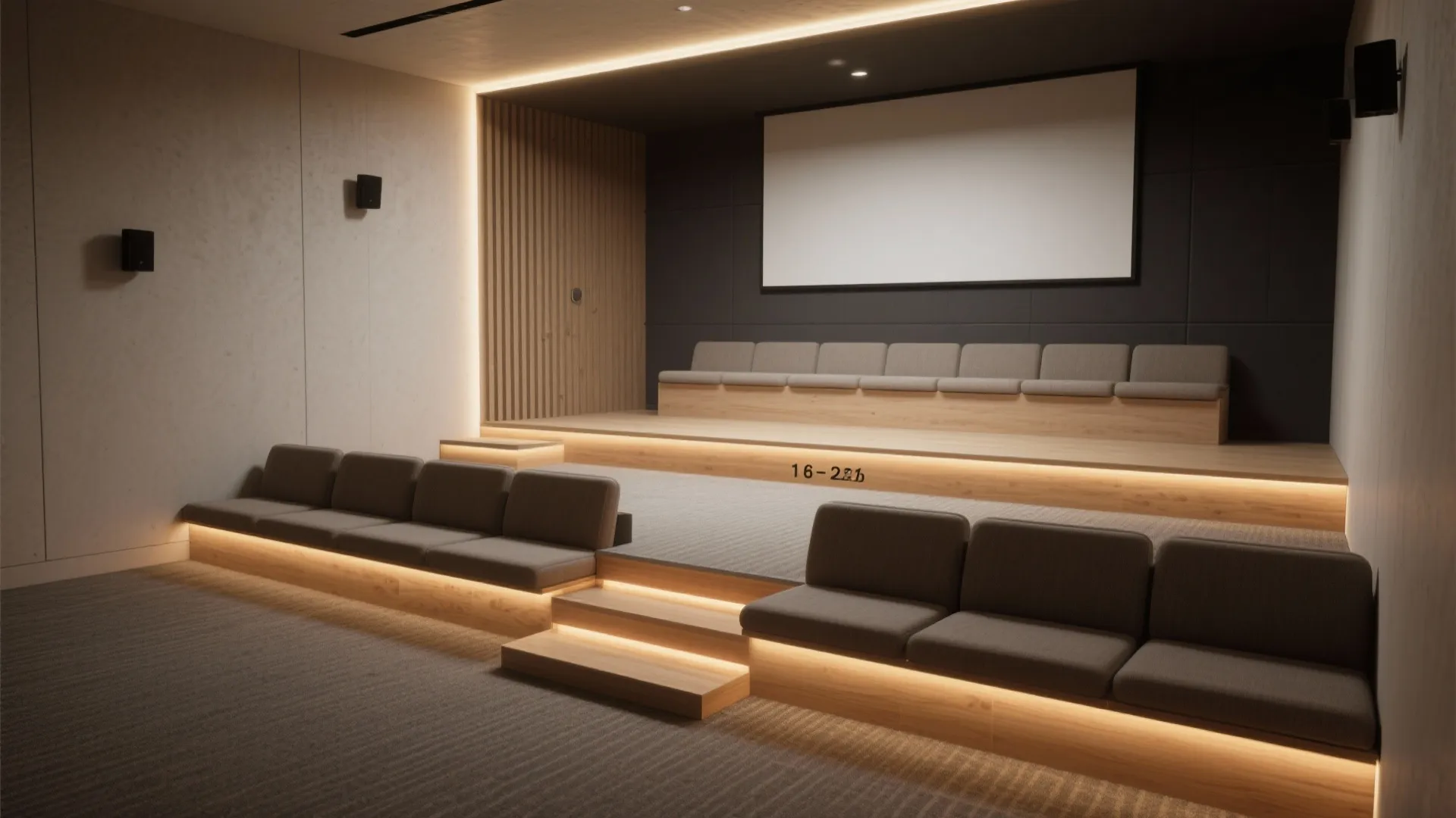 Home cinema room with tiered wooden platforms grey seating cushions and a large white wall screen