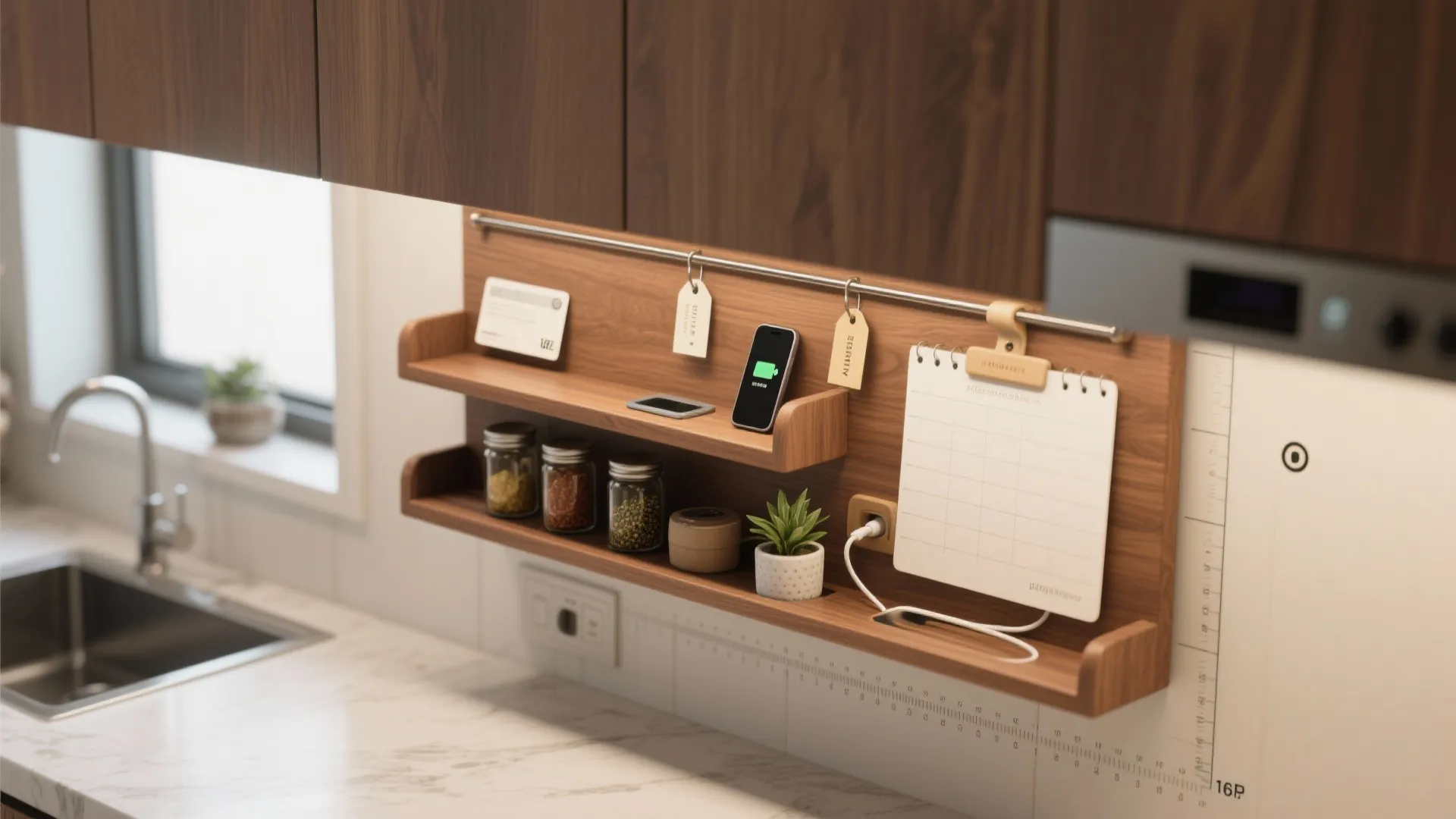 Two tier wooden wall shelf storing spice jars and phone charging on a marble countertop