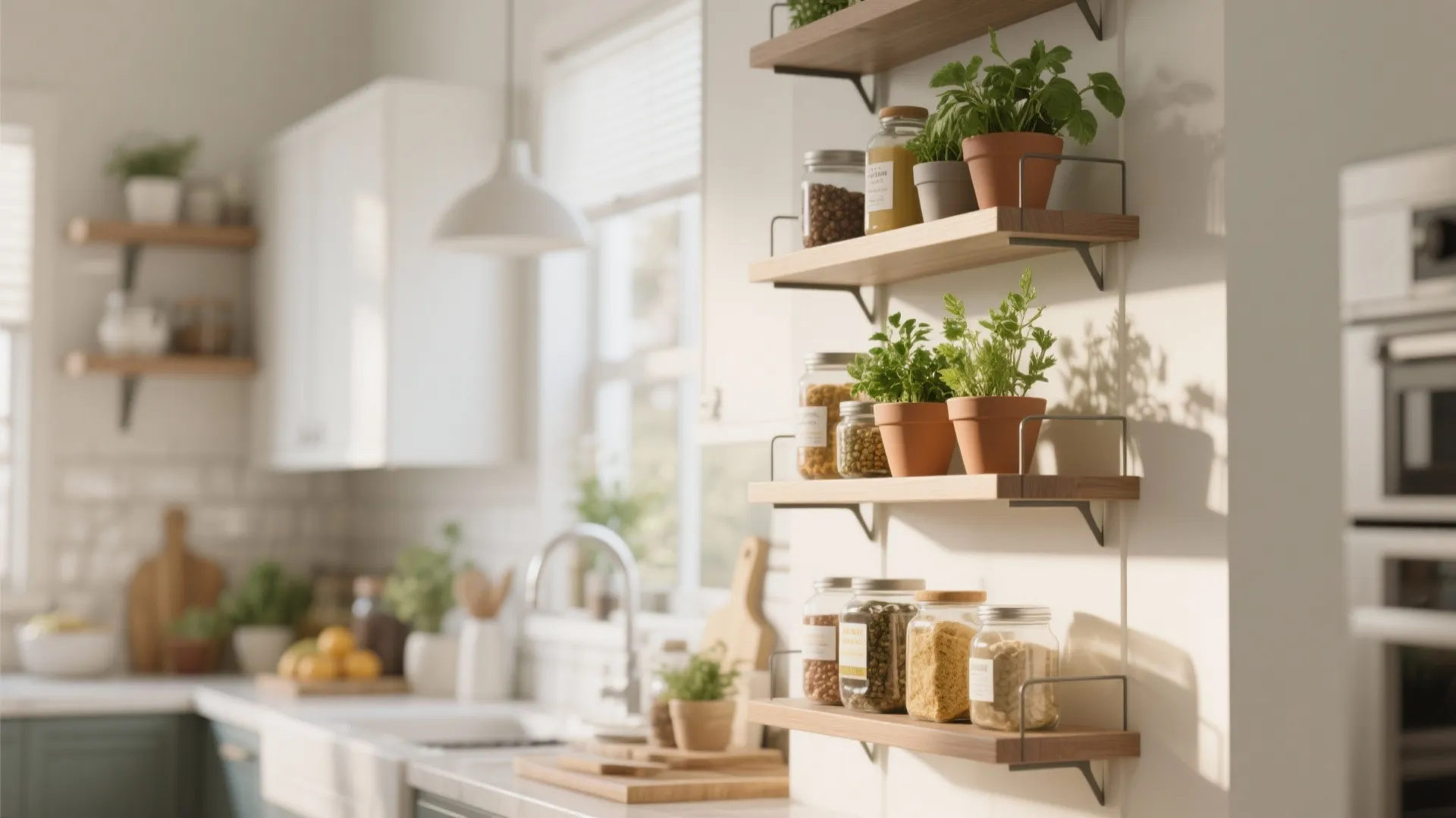 Bright kitchen featuring wooden wall shelves with potted plants and glass storage jars for dry food