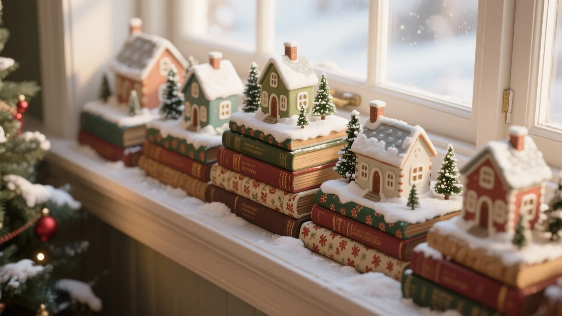 Row of small snowy houses placed on stacked vintage books on a bright window sill