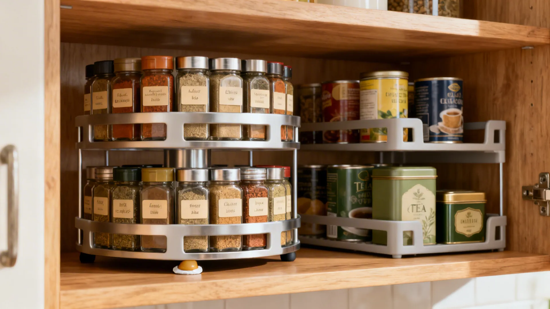 Shallow cabinet with tiered risers displaying spice jars, cans, and tea tins with labels facing forward.