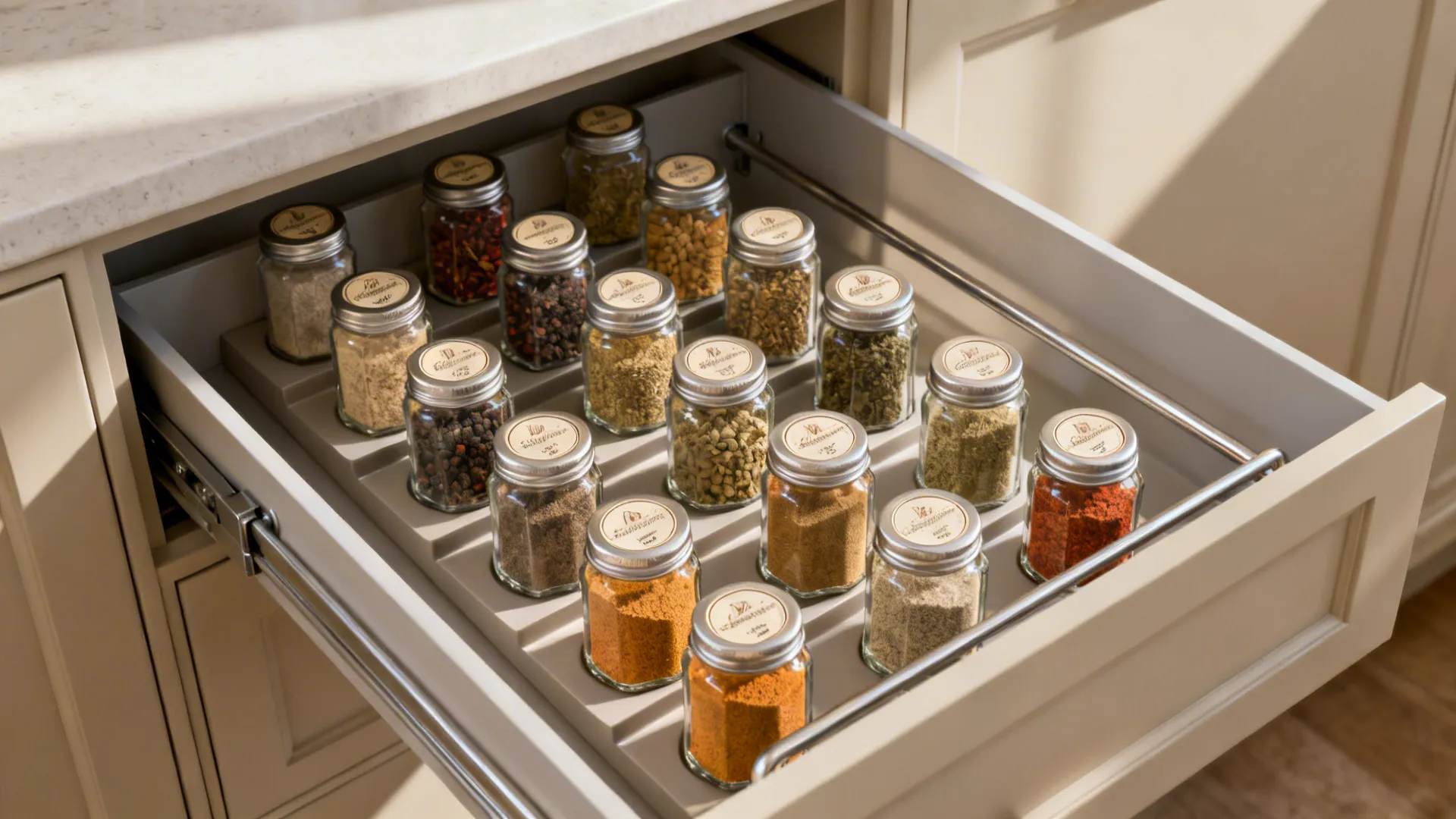 Open kitchen drawer with many glass spice jars organized on a gray tiered storage rack