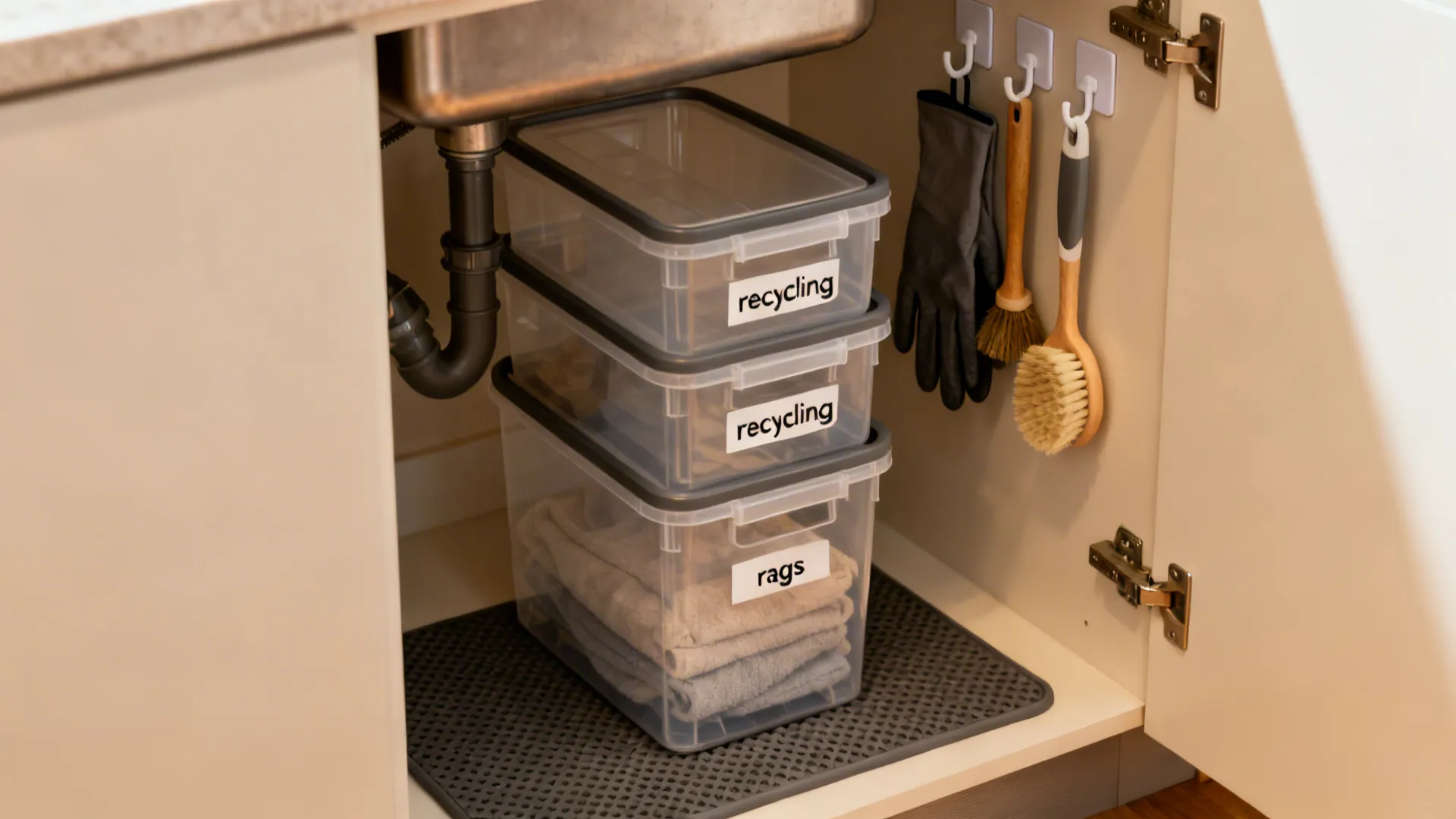 Clear stackable bins under sink with labels and door hooks for gloves and brushes.