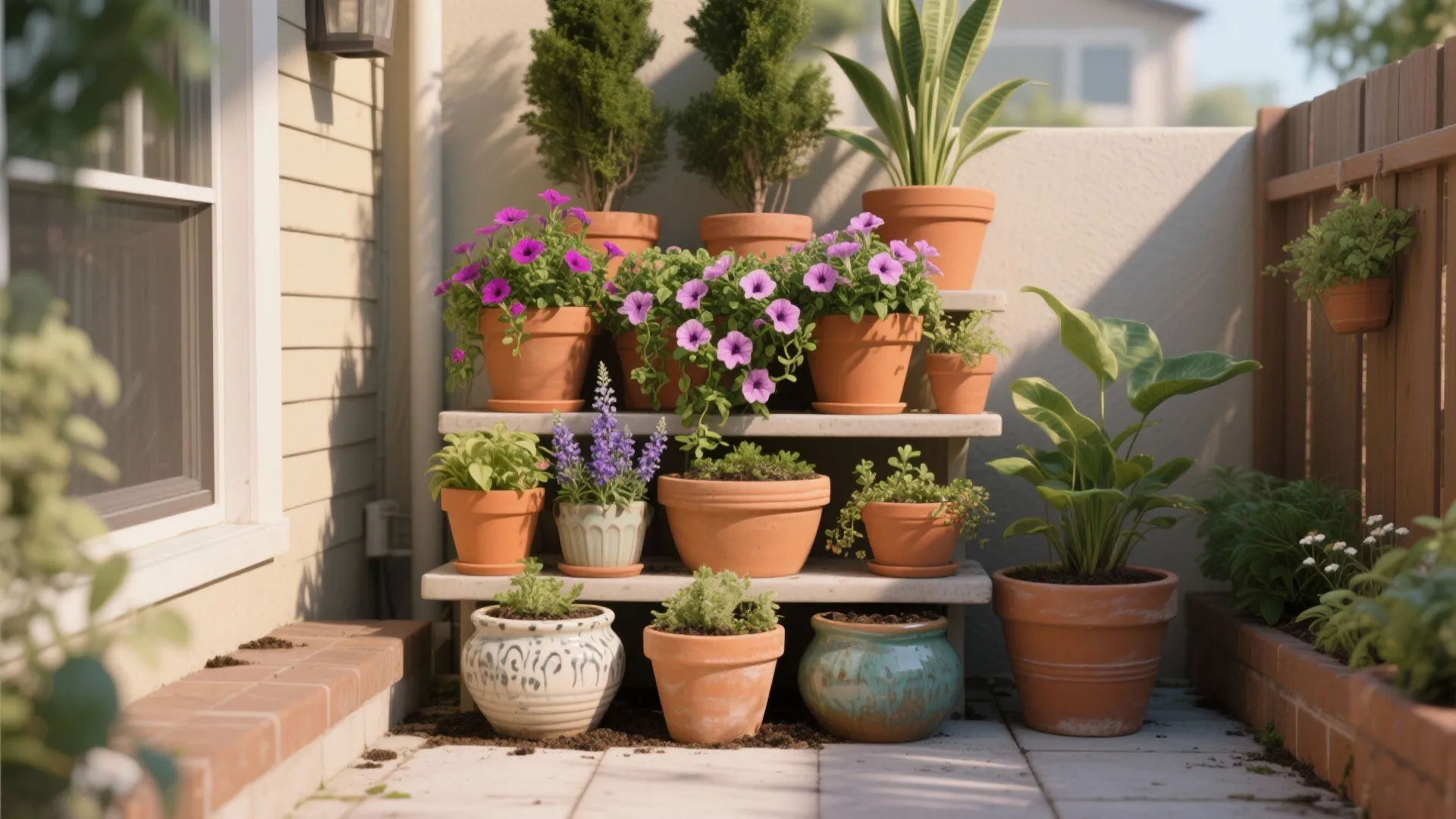 Outdoor patio with a tiered white plant stand holding various purple flowers and green plants