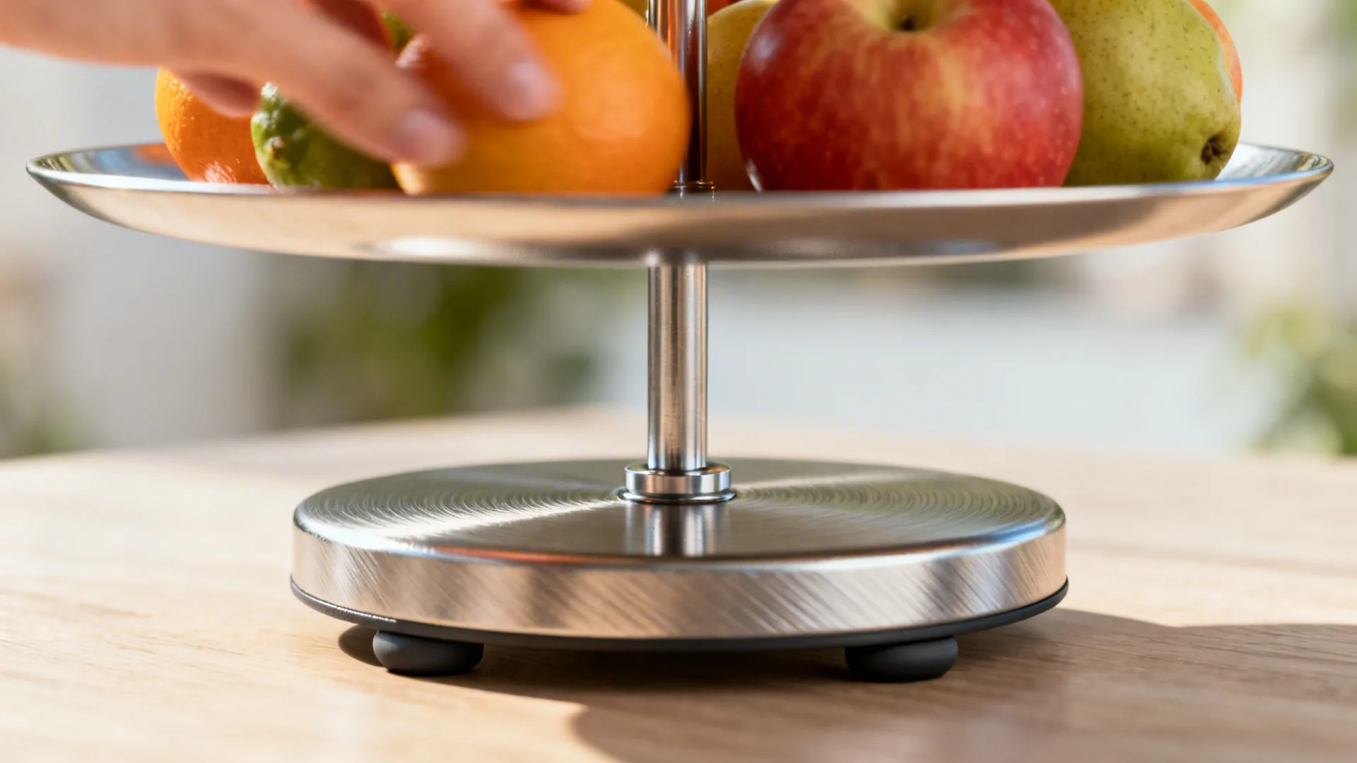 Macro of a weighted base and center rod on a tiered fruit stand with rubber feet.
