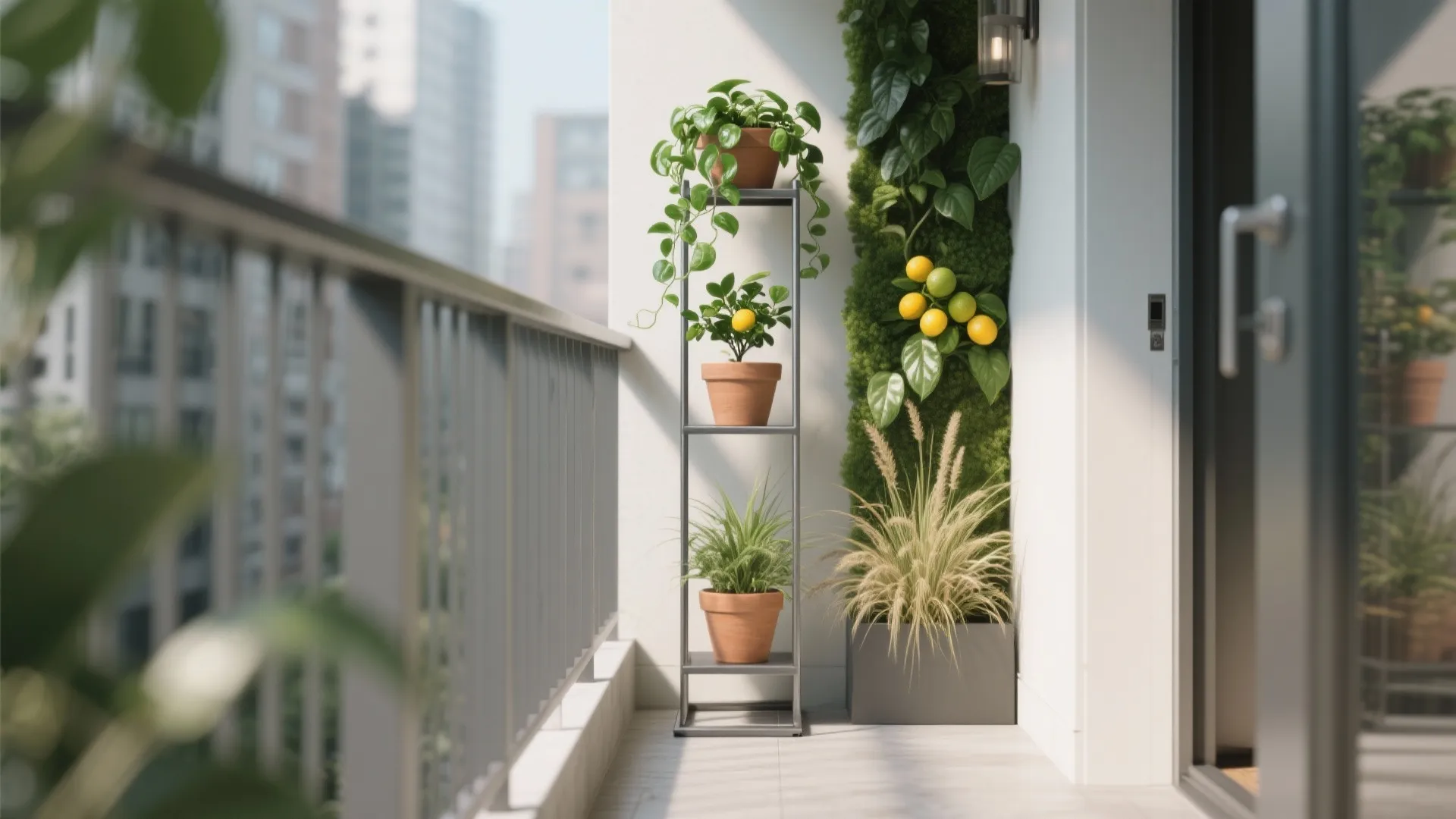 Three-tier metal plant stand on a narrow balcony forming a lush green wall.