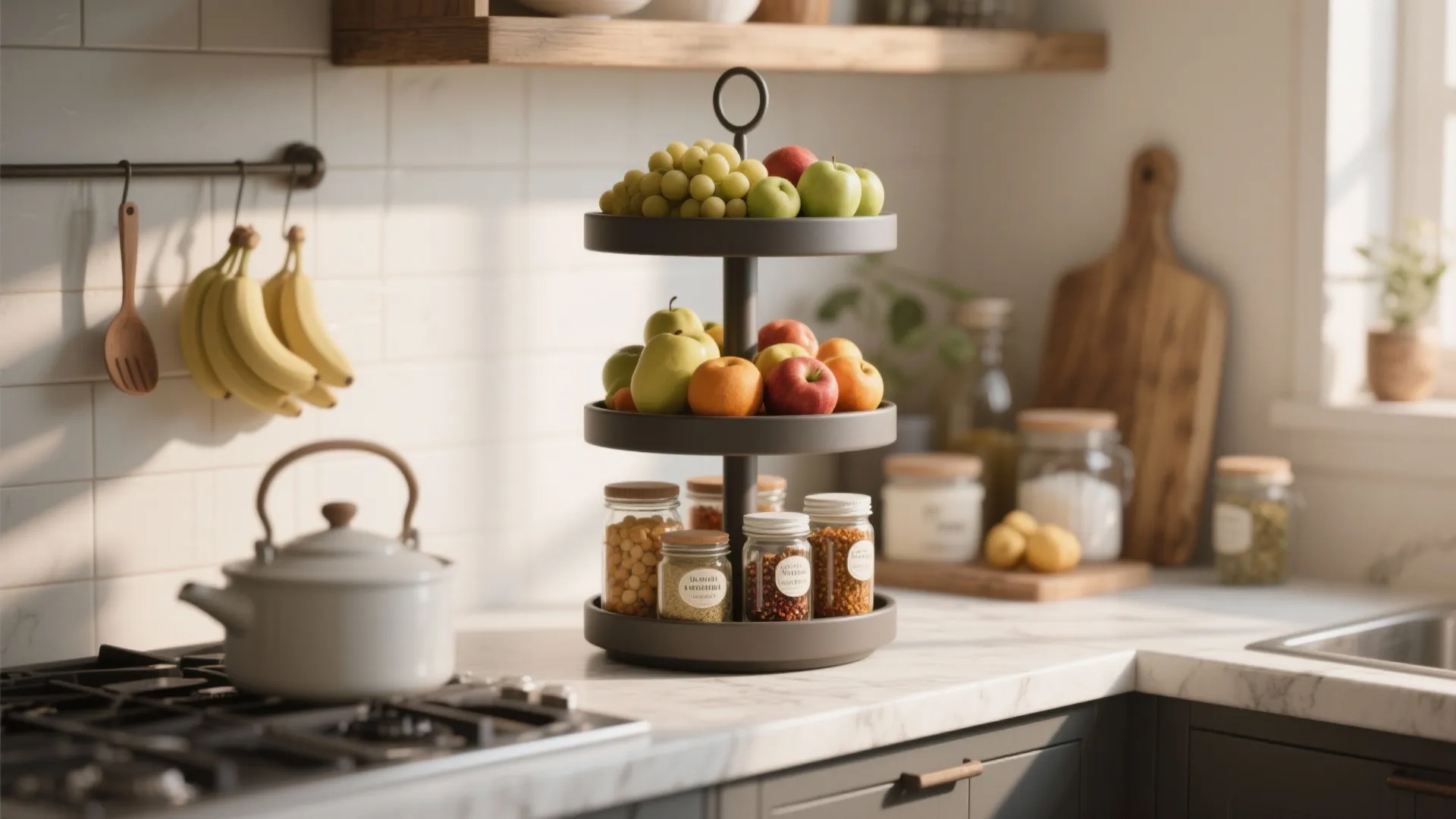 Tiered stand holding fruits and spices in small kitchen