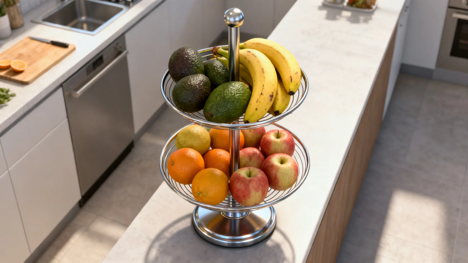 Top-down view of a two-tier fruit stand zoning ripeness on a narrow countertop.