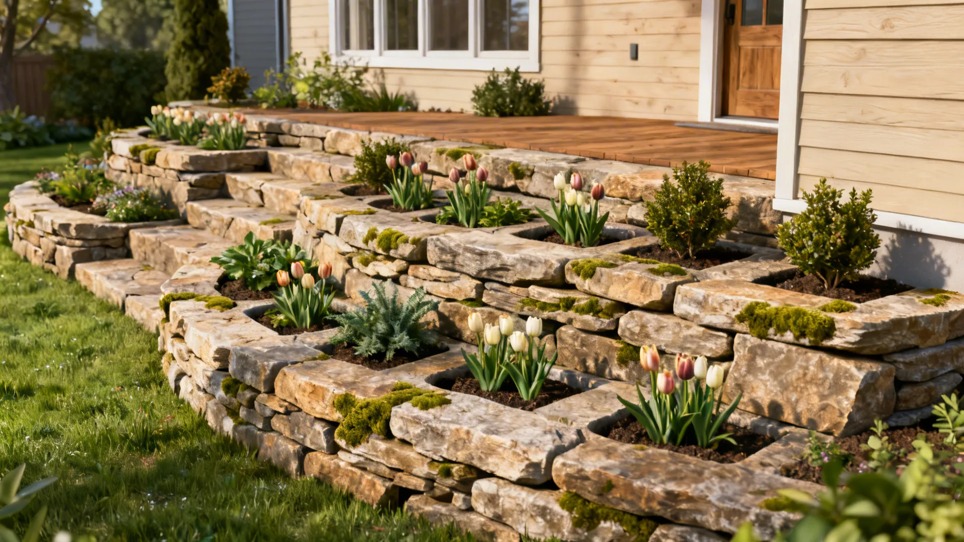 Tiered dry-stacked stone ledges forming terraces with low perennials and bulbs on a sloped front yard.