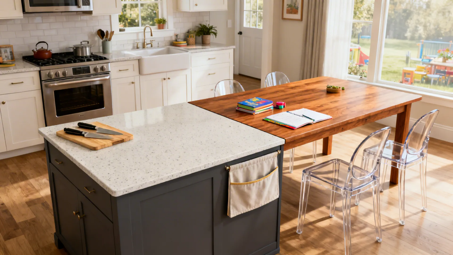 Tiered T-shaped island combining a 36-inch prep surface with a lower wood dining wing for seating.