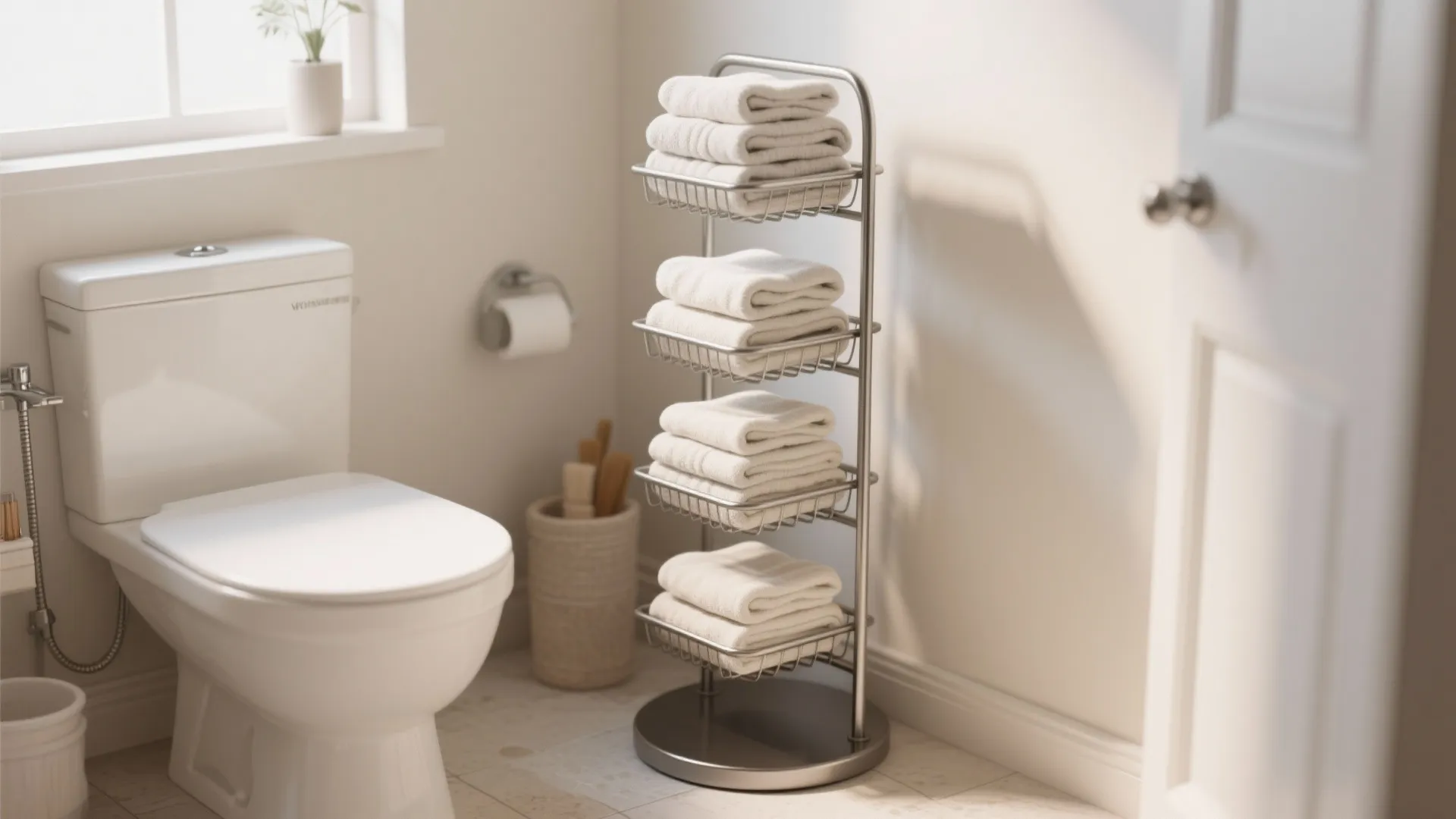 Four tier metal standing rack with folded white towels next to a white toilet seat