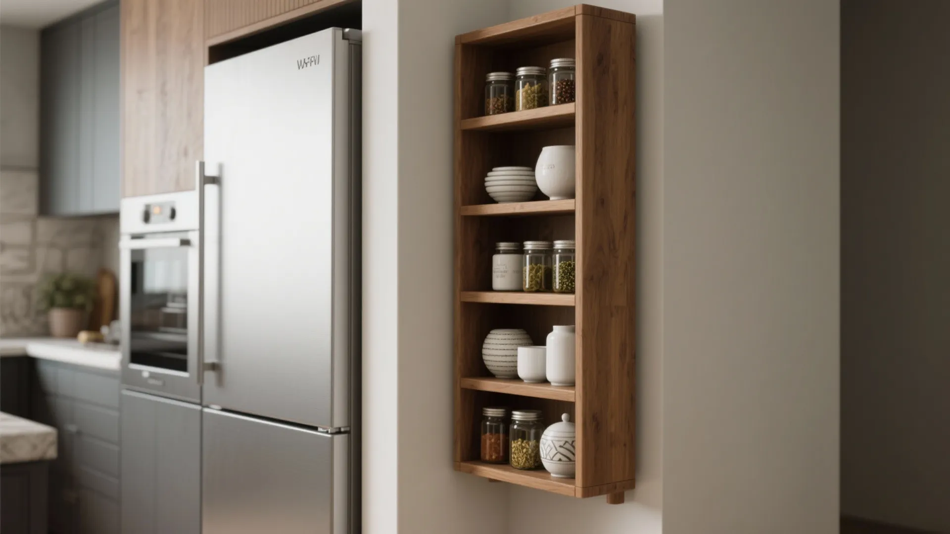 5. Tiered shallow shelving and slim storage towers