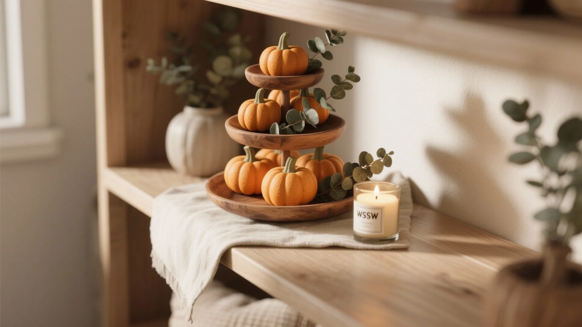 Wooden tiered tray filled with small orange pumpkins and green leaves on a light shelf