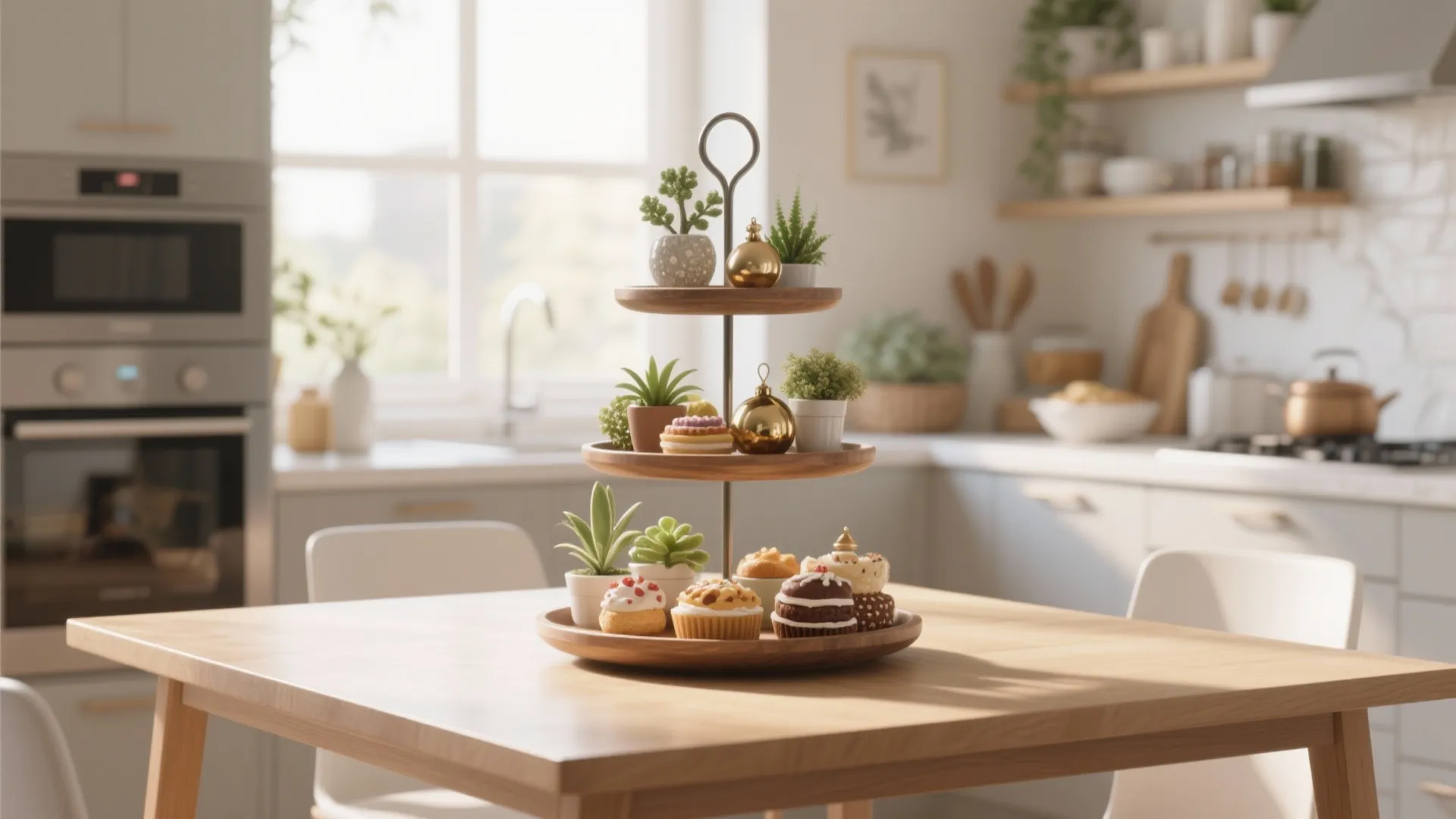 Three tiered wooden tray holding small plants and cakes on a bright kitchen dining table