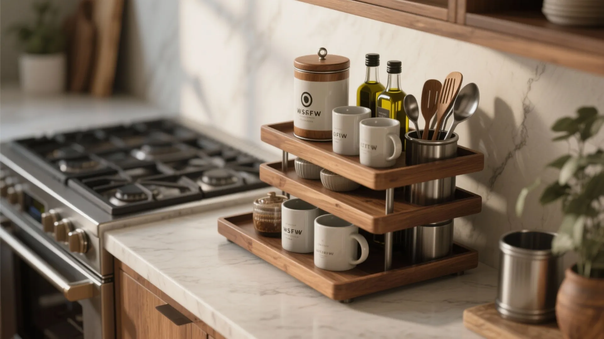 Three tier wooden kitchen organizer on marble counter holding white mugs oil bottles and spoons