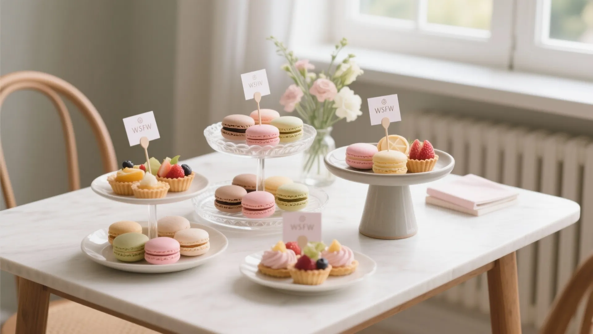 Marble table with tiered trays holding colorful macarons fruit tarts small signs and fresh flower vase