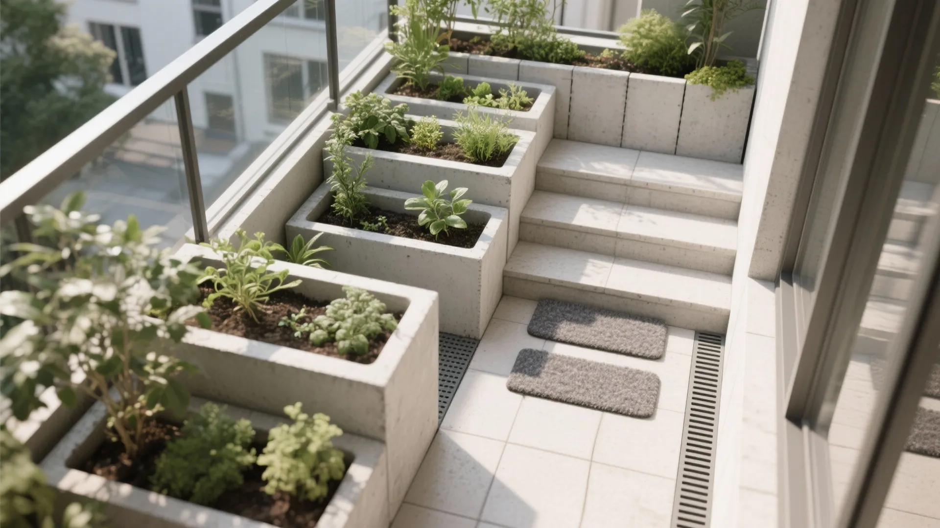 Modern balcony with tiered concrete plant boxes and herbs next to stone steps in sunlight