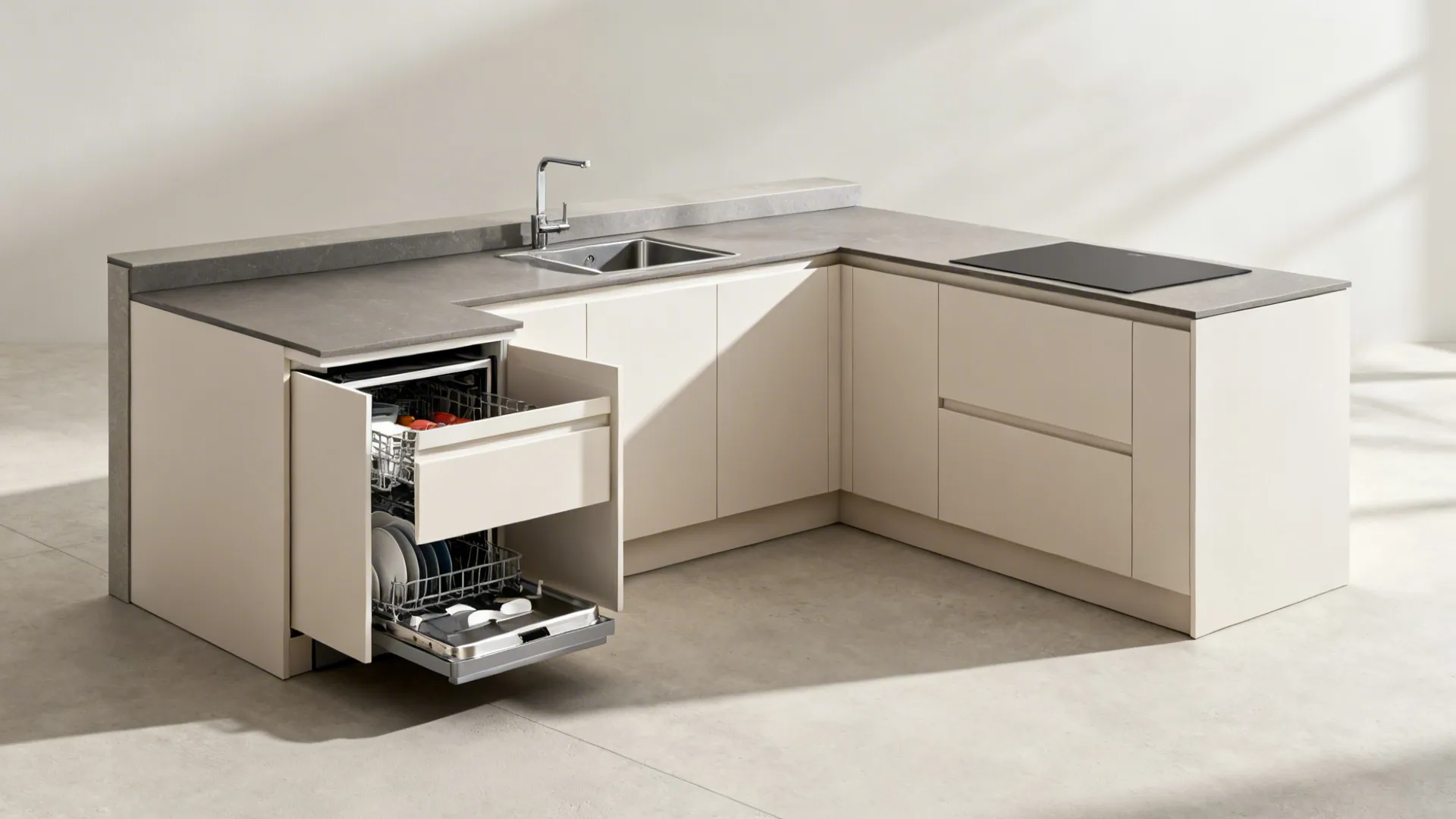 U-shaped small kitchen with tiered counters for prep, mid-tier by sink, and higher serving edge.