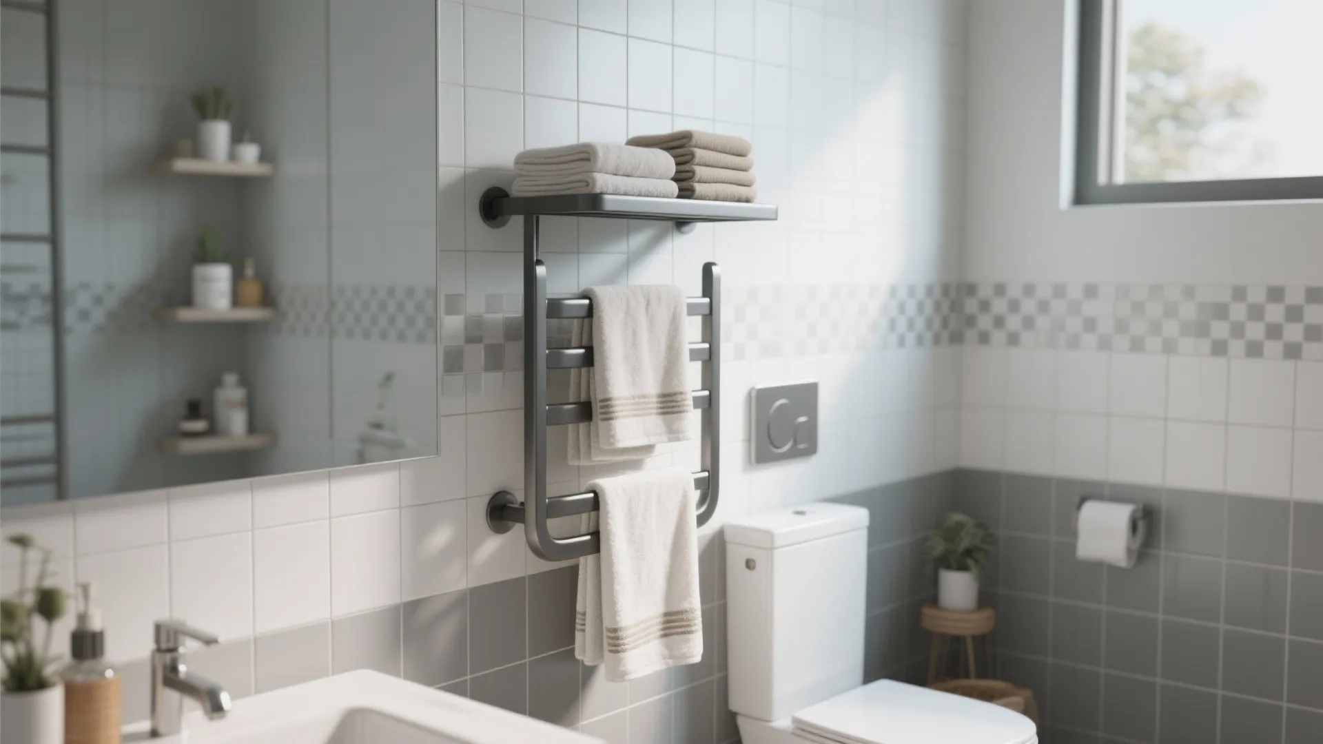 Modern bathroom with black metal towel rack mounted on white tiled wall near white toilet