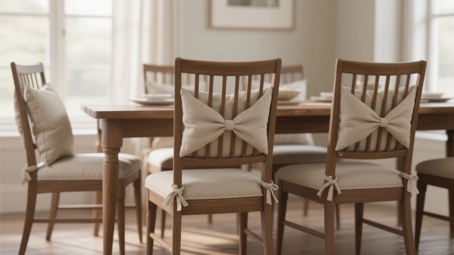 Wooden dining chairs with cream cushions and decorative bow tie backrests around a large table