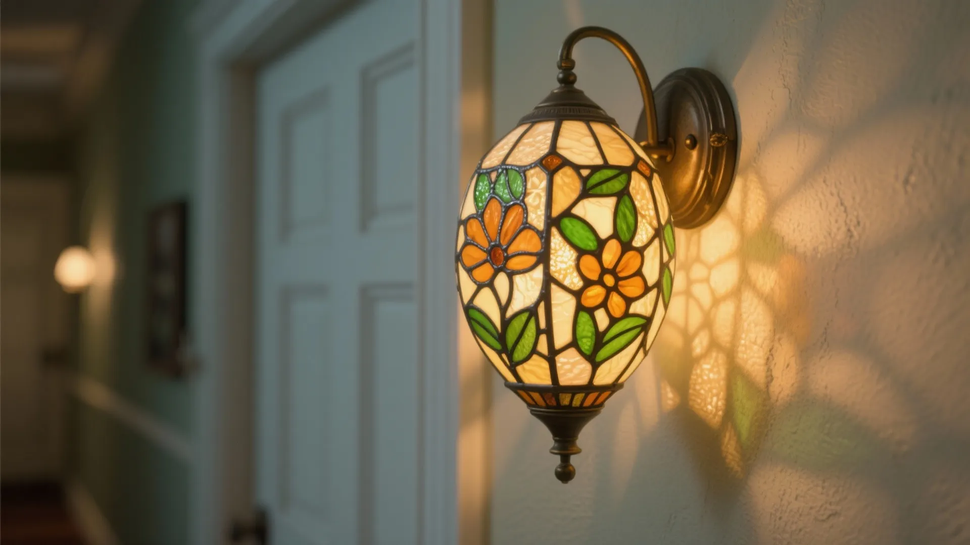 Decorative glass wall light with colorful flower patterns lighting up a white wall in hallway