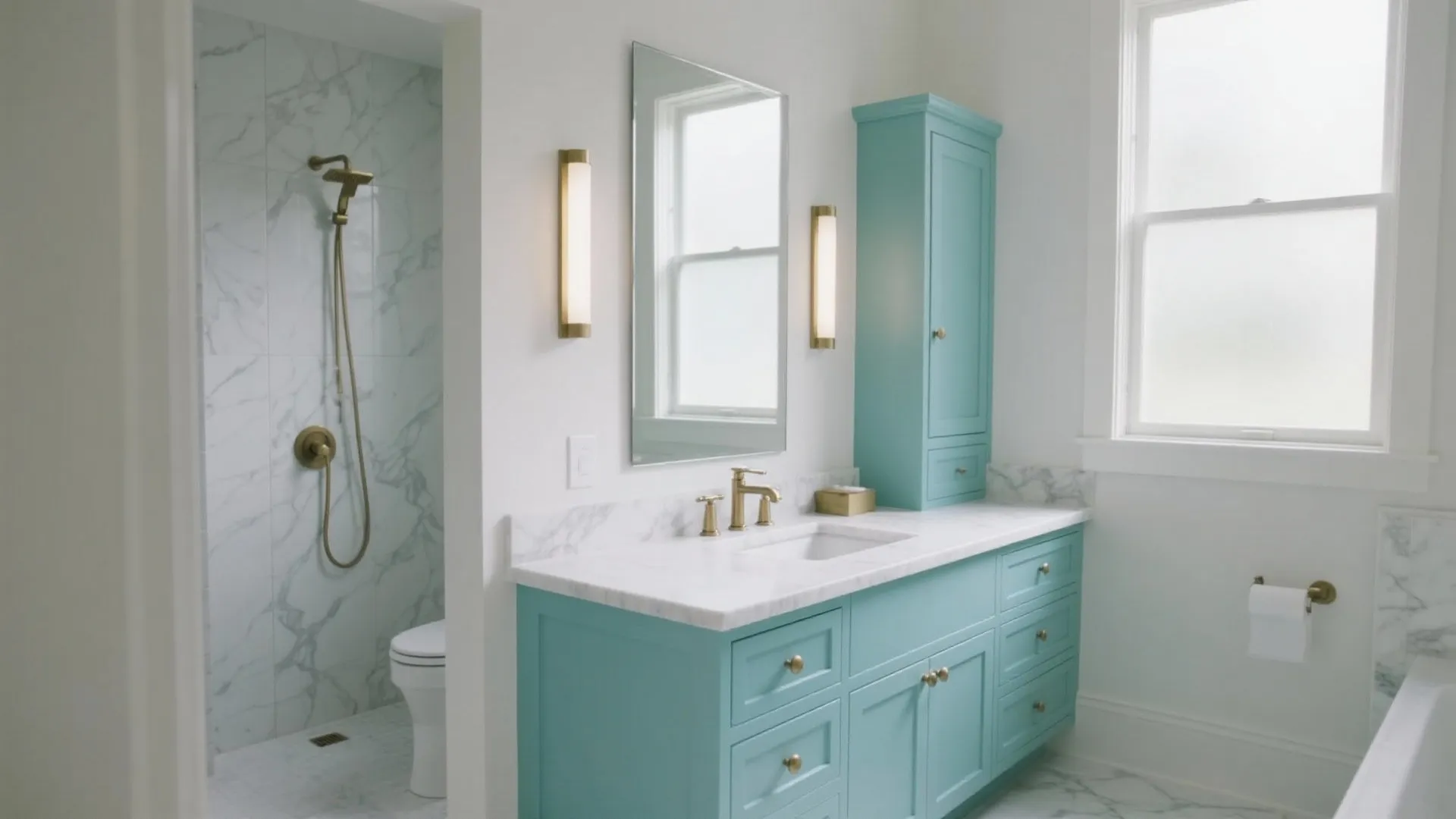 Modern bathroom with teal cabinets marble walls gold shower fixtures and two gold wall lights