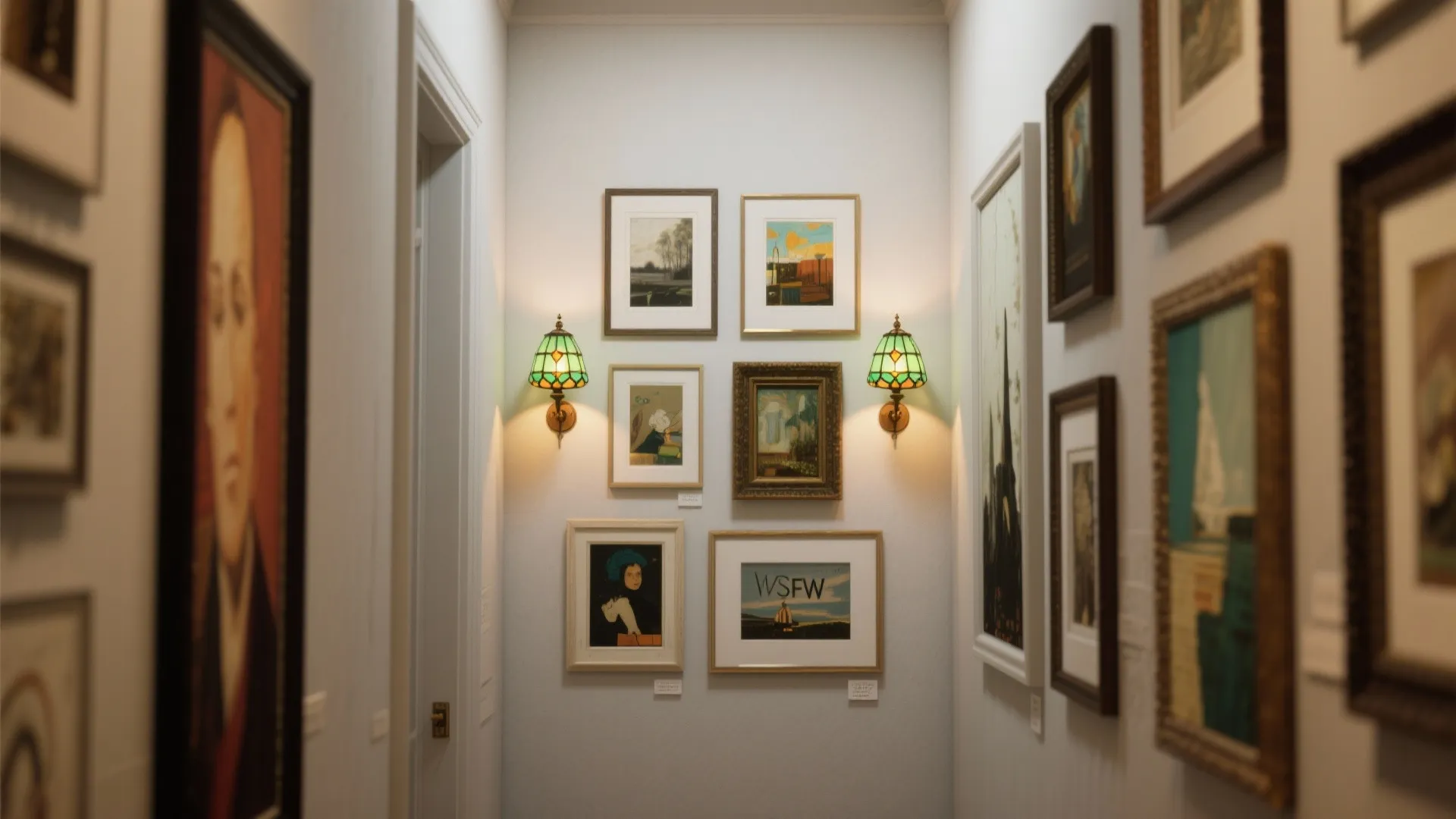 4. Create a gallery wall anchored by Tiffany sconces