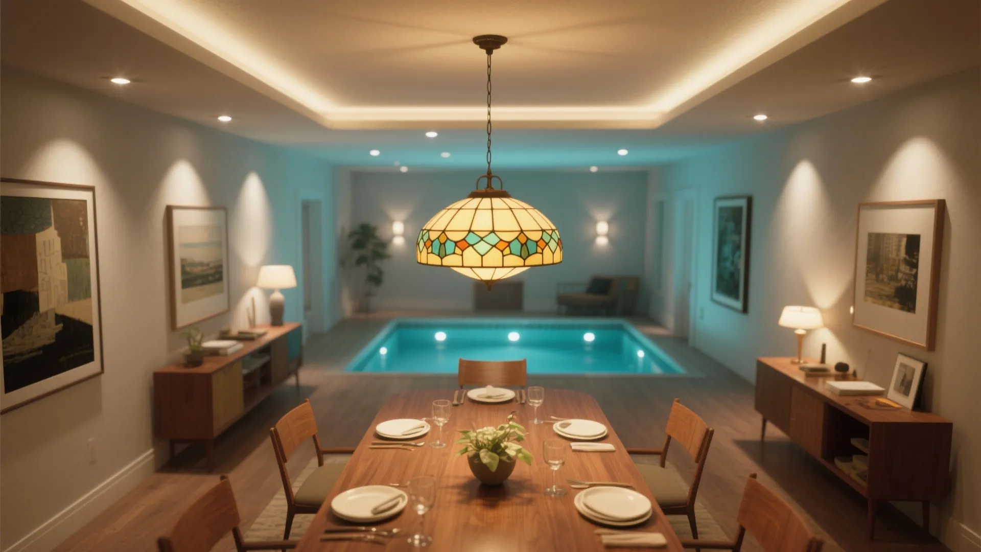 4. Layered Lighting: Tiffany Pendant Plus Recessed Spots