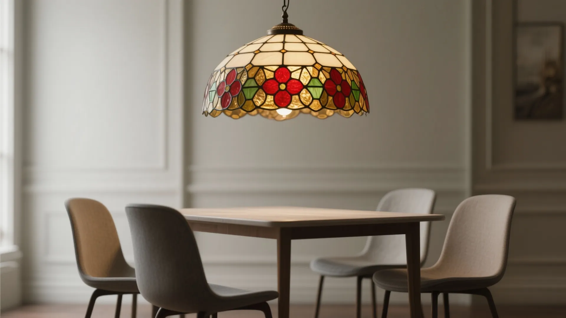 Single Tiffany-style stained glass shade anchoring a modern dining set as a statement focal point.