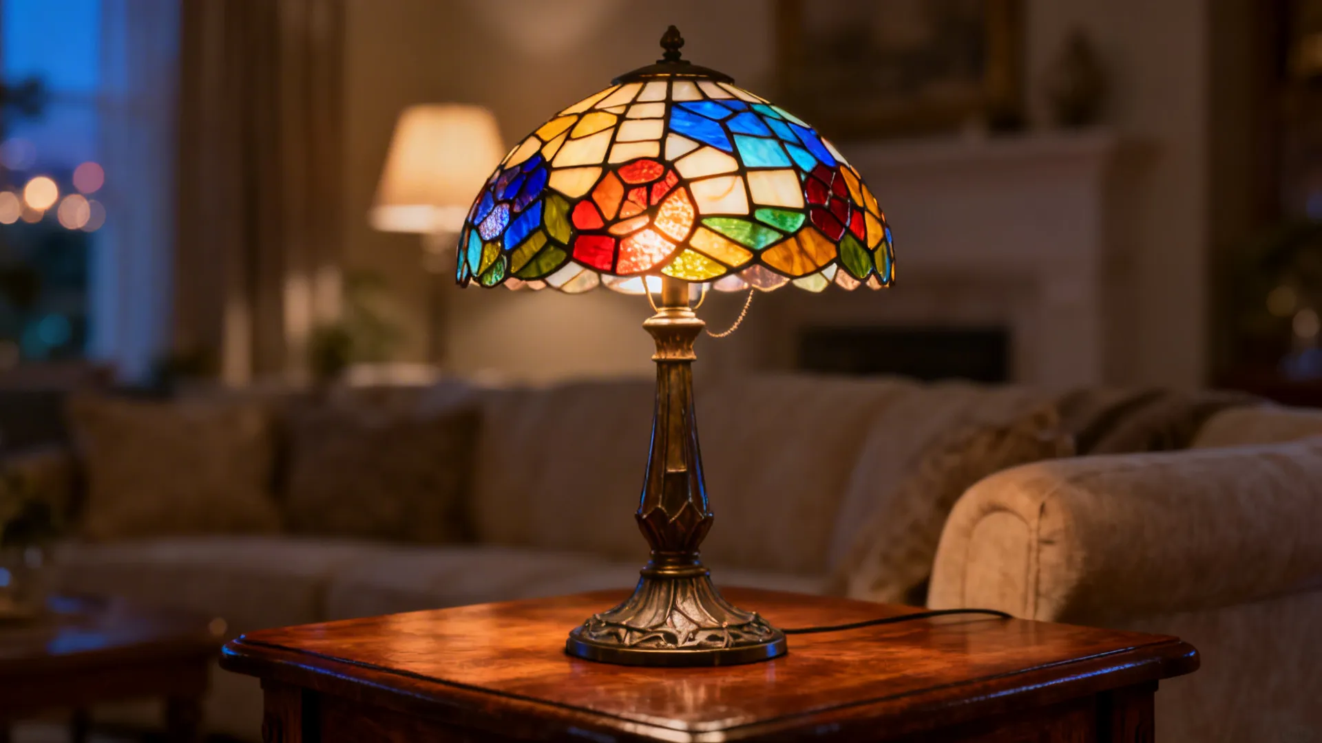 Tiffany-style stained glass lamp glowing on a wooden table, adding colorful drama to a neutral living room.