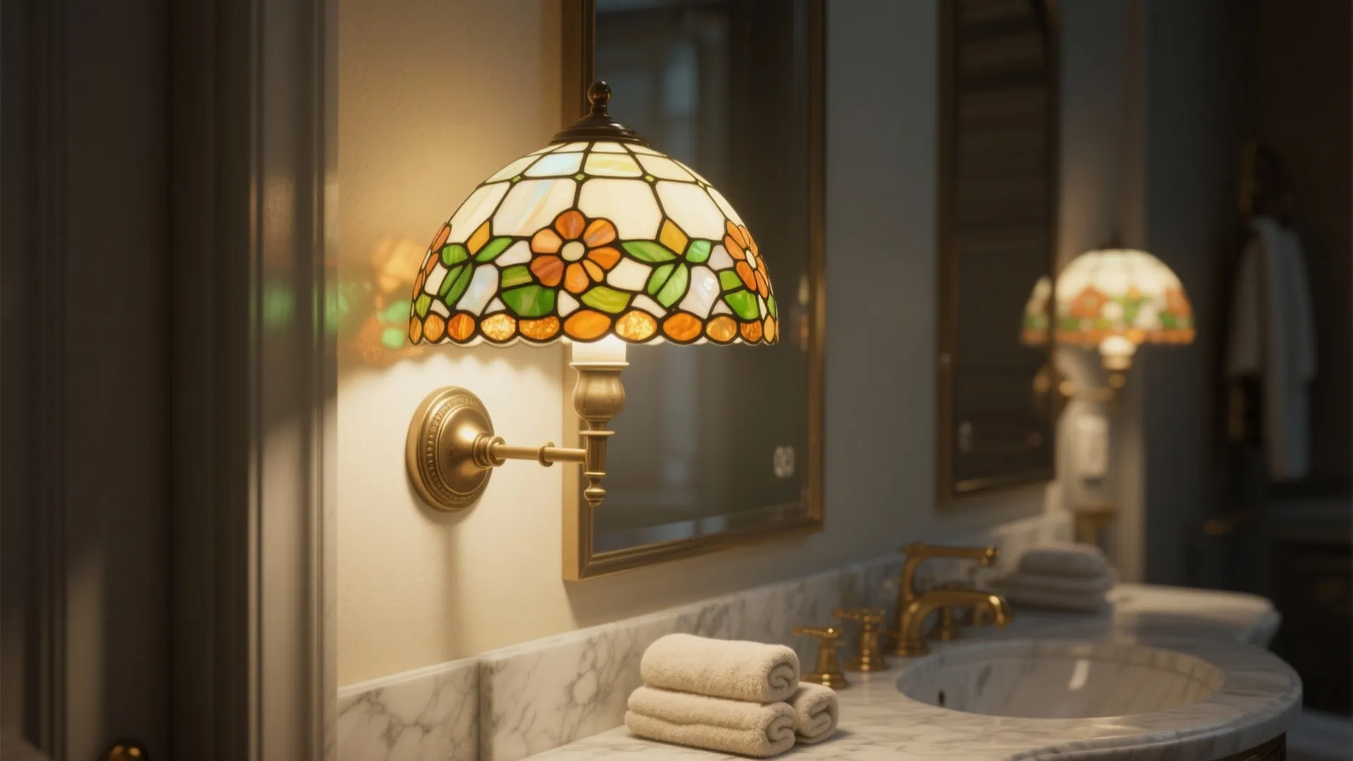 Tiffany-style rounded semi-flush wall lamp glowing softly above a bathroom vanity mirror.