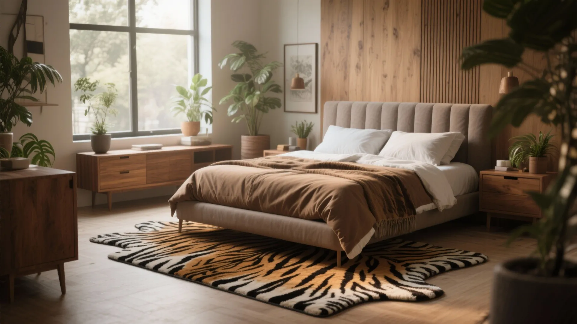 Tiger-striped rug placed under bed in an earthy-toned bedroom