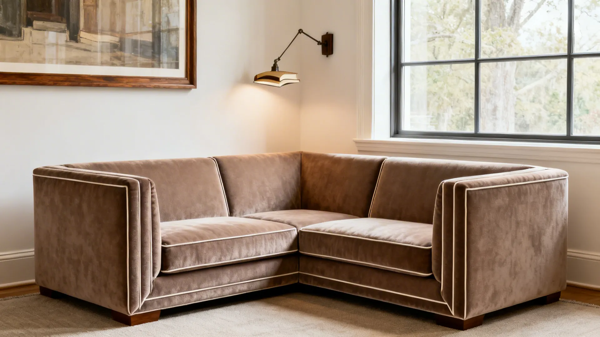 Tailored tight-back L-shaped sofa with high arms and contrast piping by a window.