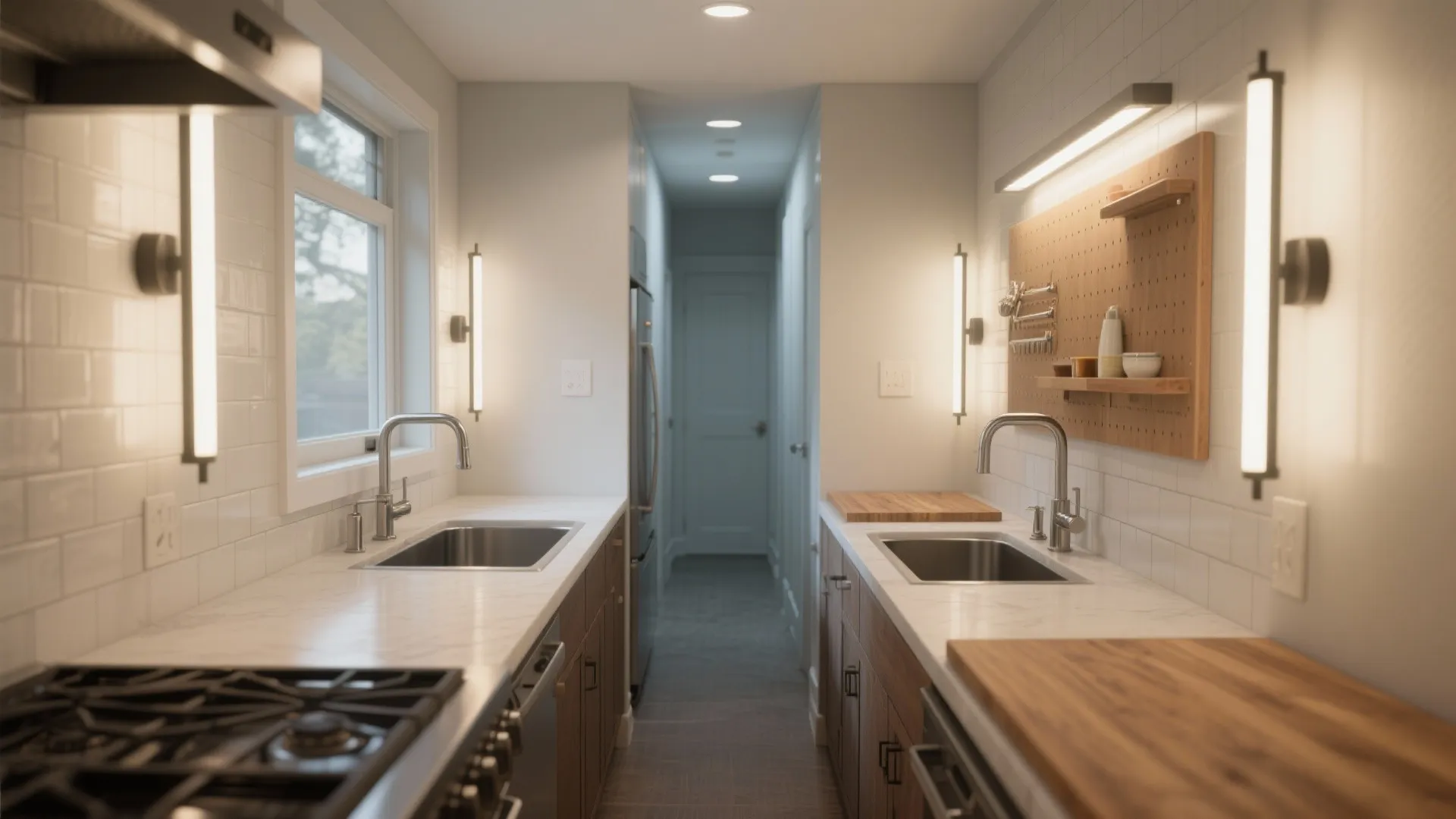 Compact, layered layouts in tight galley runs