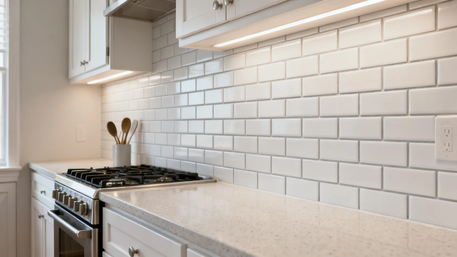Matte white 3x6 subway tile backsplash with tight 1/16-inch grout in a small modern kitchen.