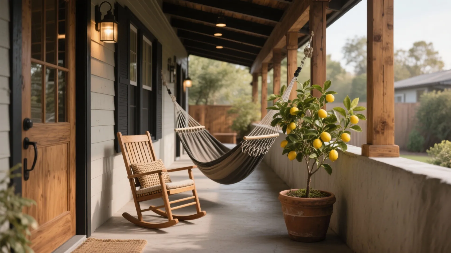 Long porch area with wooden rocking chair hanging hammock potted lemon tree and wall light